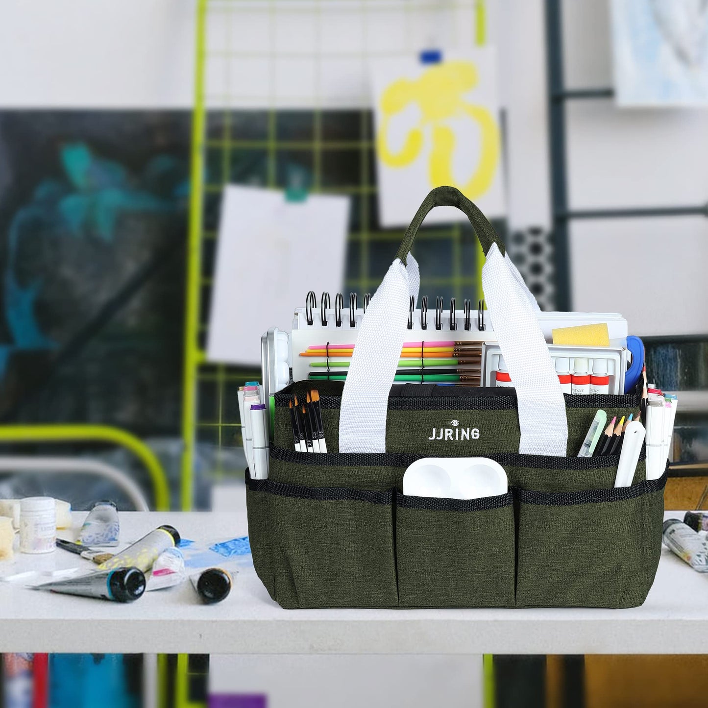 JJRING Craft Organizer Tote Bag, Art Storage Caddy with Multiple Pockets, Sap Green Sewing Bag for Art, Craft, Scrapbooking, Medical, and Office Supplies Storage