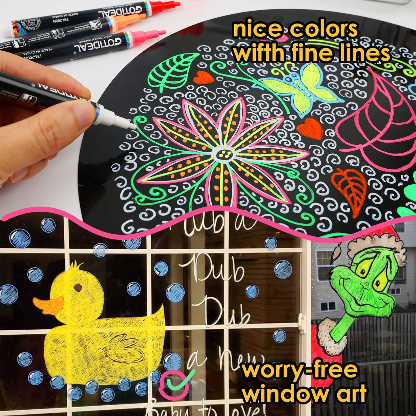 GOTIDEAL Liquid Chalk Markers, Fine Tip 8 Colors Washable Window Chalkboard Glass Pens, Paint and Drawing for Car, Blackboard, & Bistro,Kids and Adults, Non-Toxic,Wet Erase - Reversible Tip