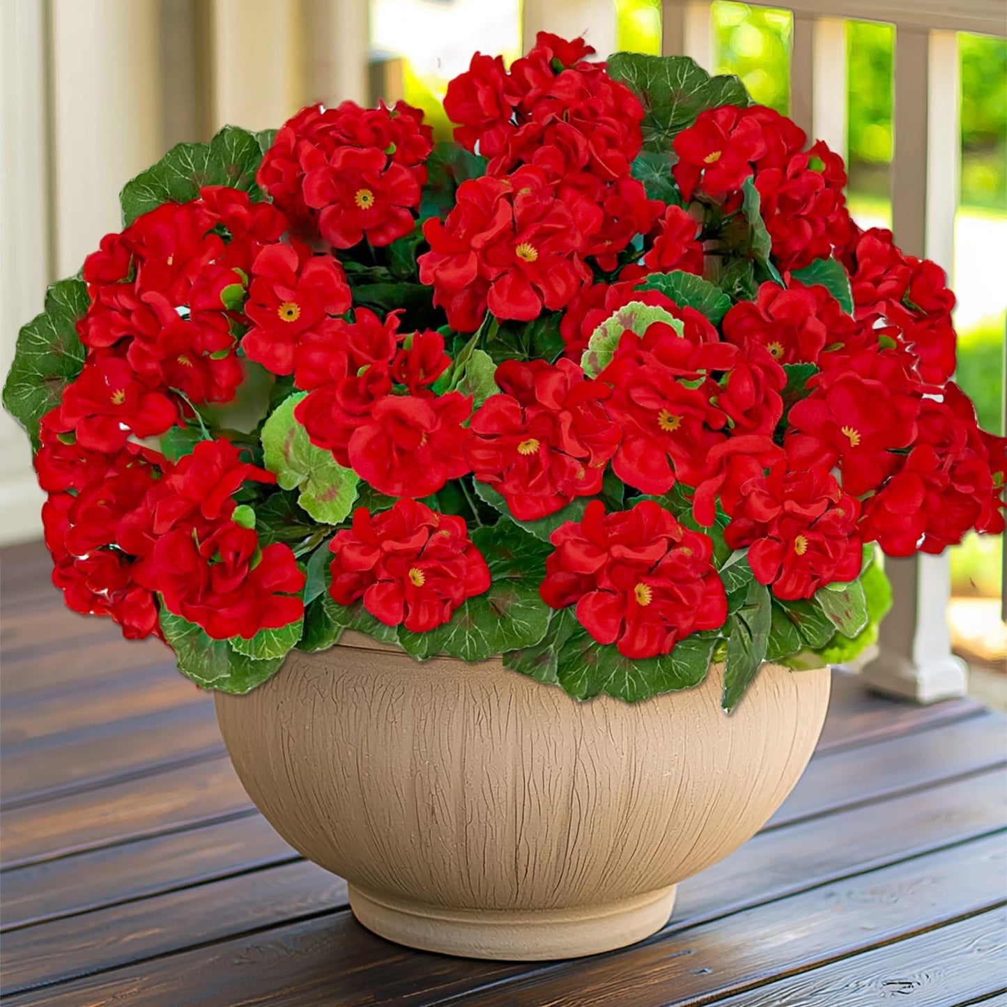 TURNMEON Artificial Geraniums Flowers for Outdoors Summer Derby Day Decoration, 4 Bundles Fake Flowers Silk Red Flowers UV Resistant No Fade Faux Plants for Gardens Planter Patio Indoor Cemetery Decor