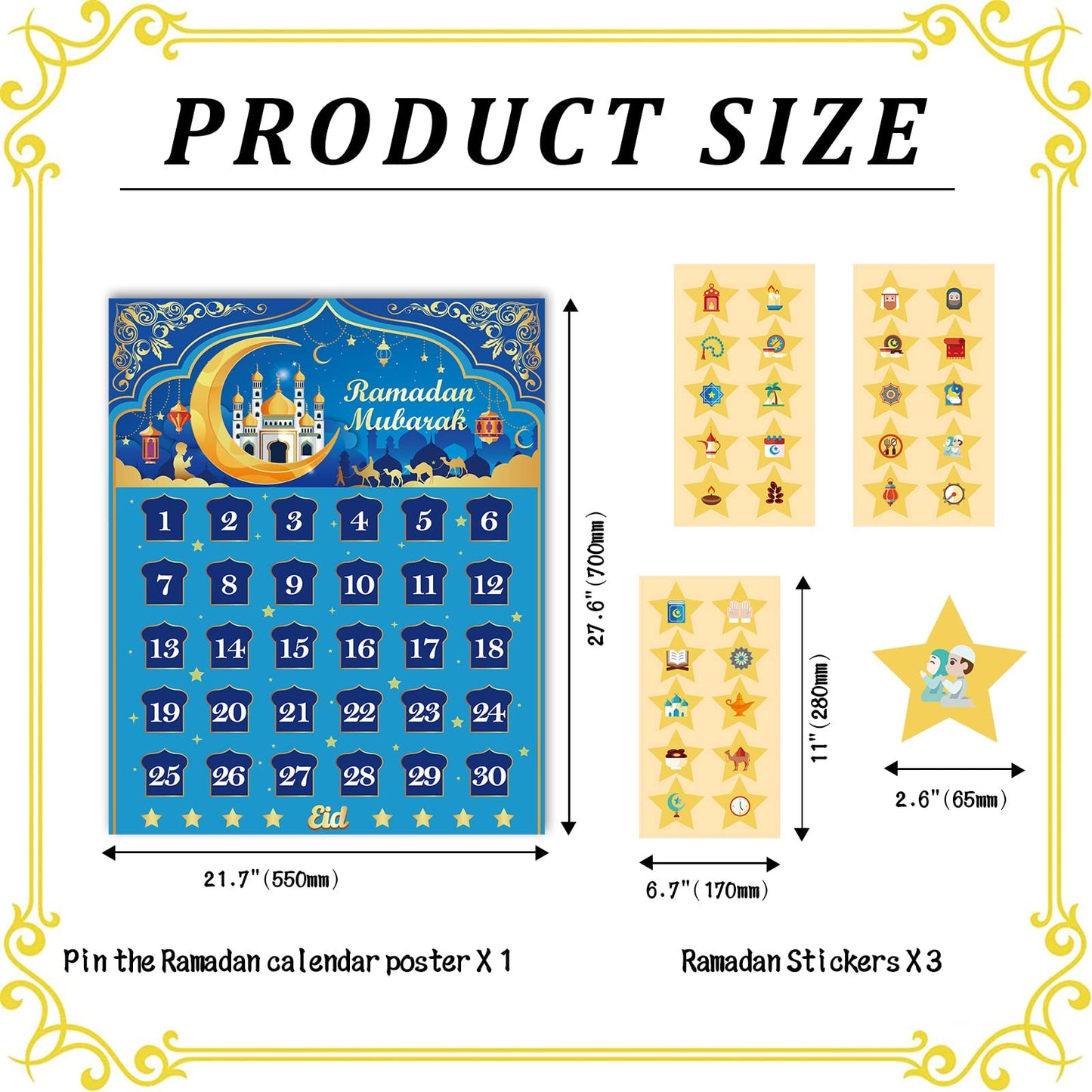 Ramadan Calendar, Eid Mubarak Calendar Countdown for Eid Party Supplies, Ramadan Advent Calendar Poster with 30 Countdown Star Stickers for Ramadan Mubarak Home Wall Decorations