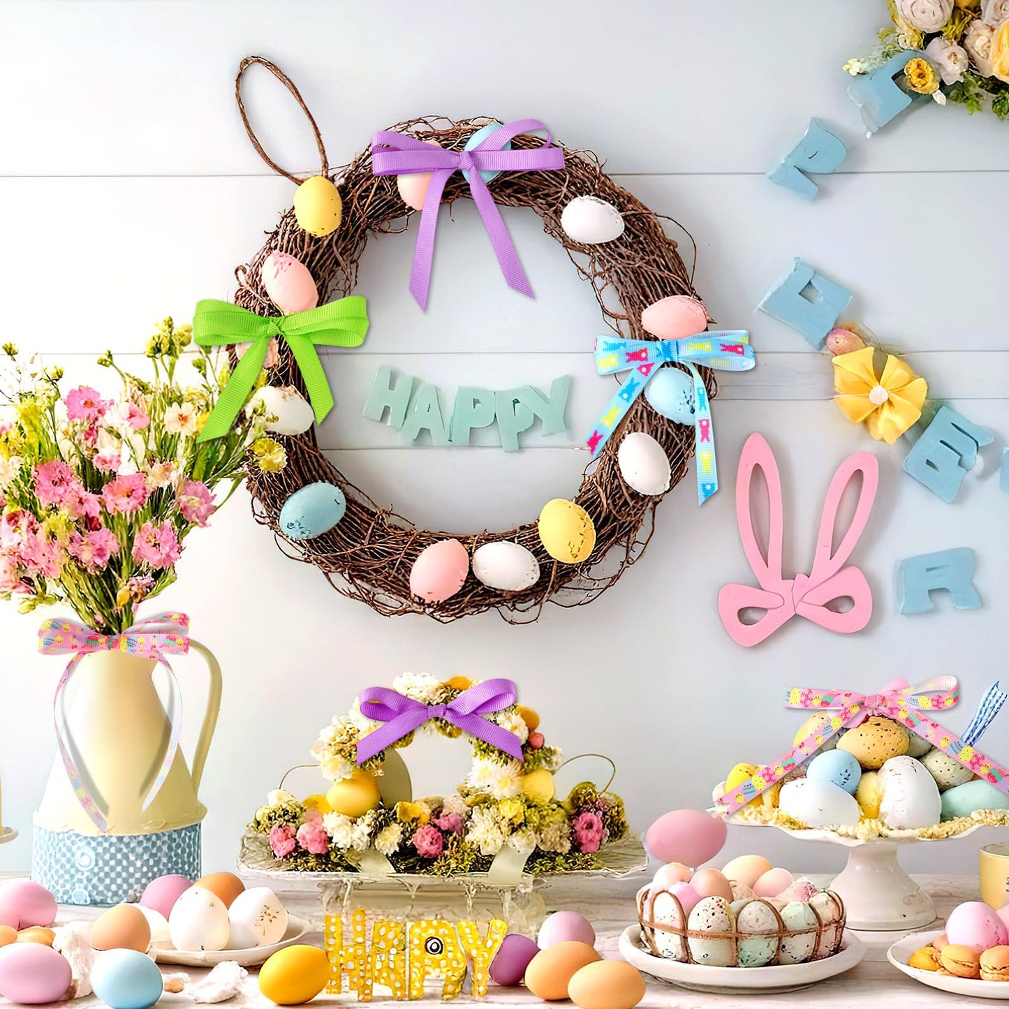 Easter Ribbon, 6 Rolls 60 Yards Grosgrain Ribbons 10 mm Wide Eggs Bunny Carrot Craft Ribbon for Gift Wrapping Easter Basket Wreaths Decoration