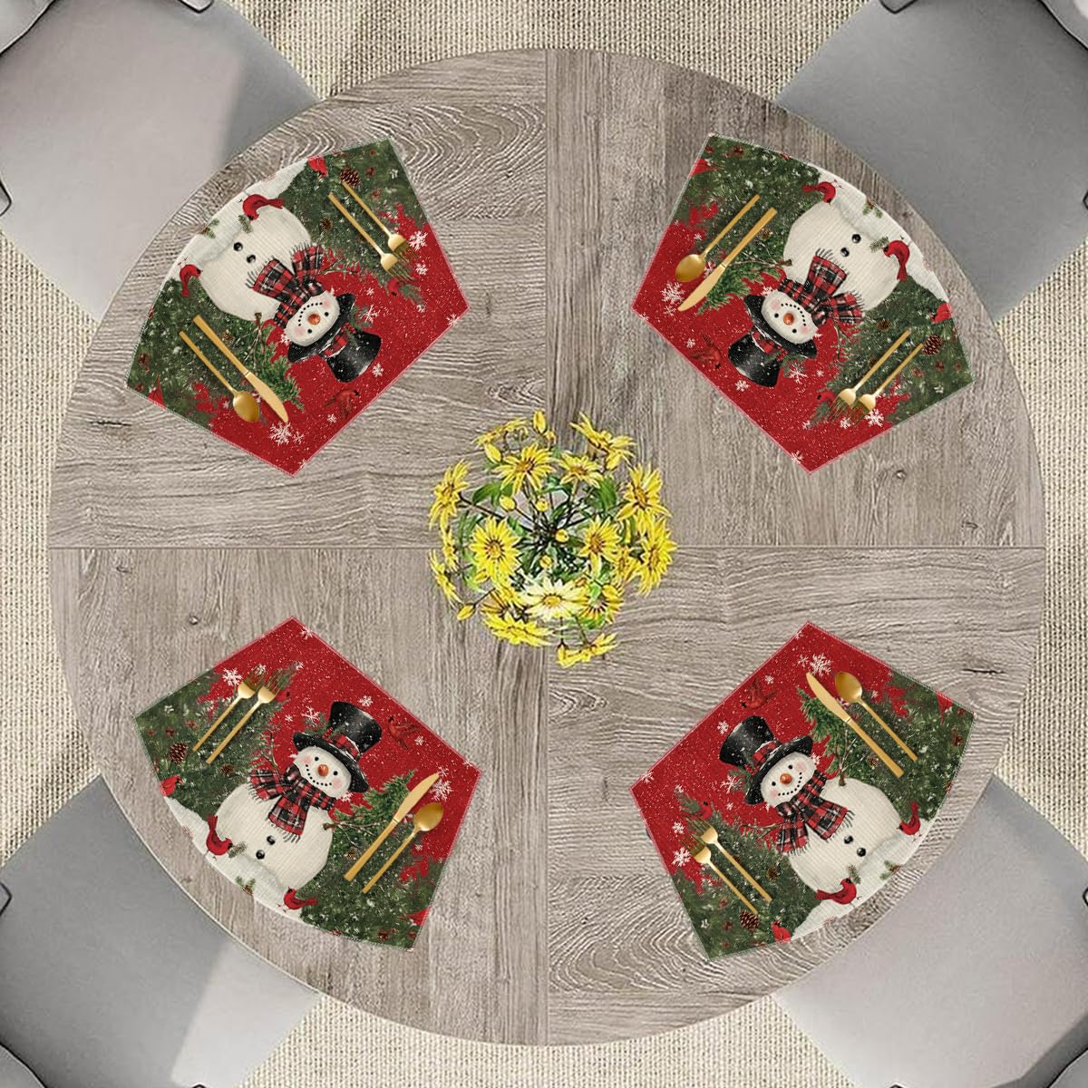 Red Christmas Snowman Wedge Placemats for Round Table Set of 6, Winter Seasonal Kitchen Dining Table Decoration for Indoor Party Home