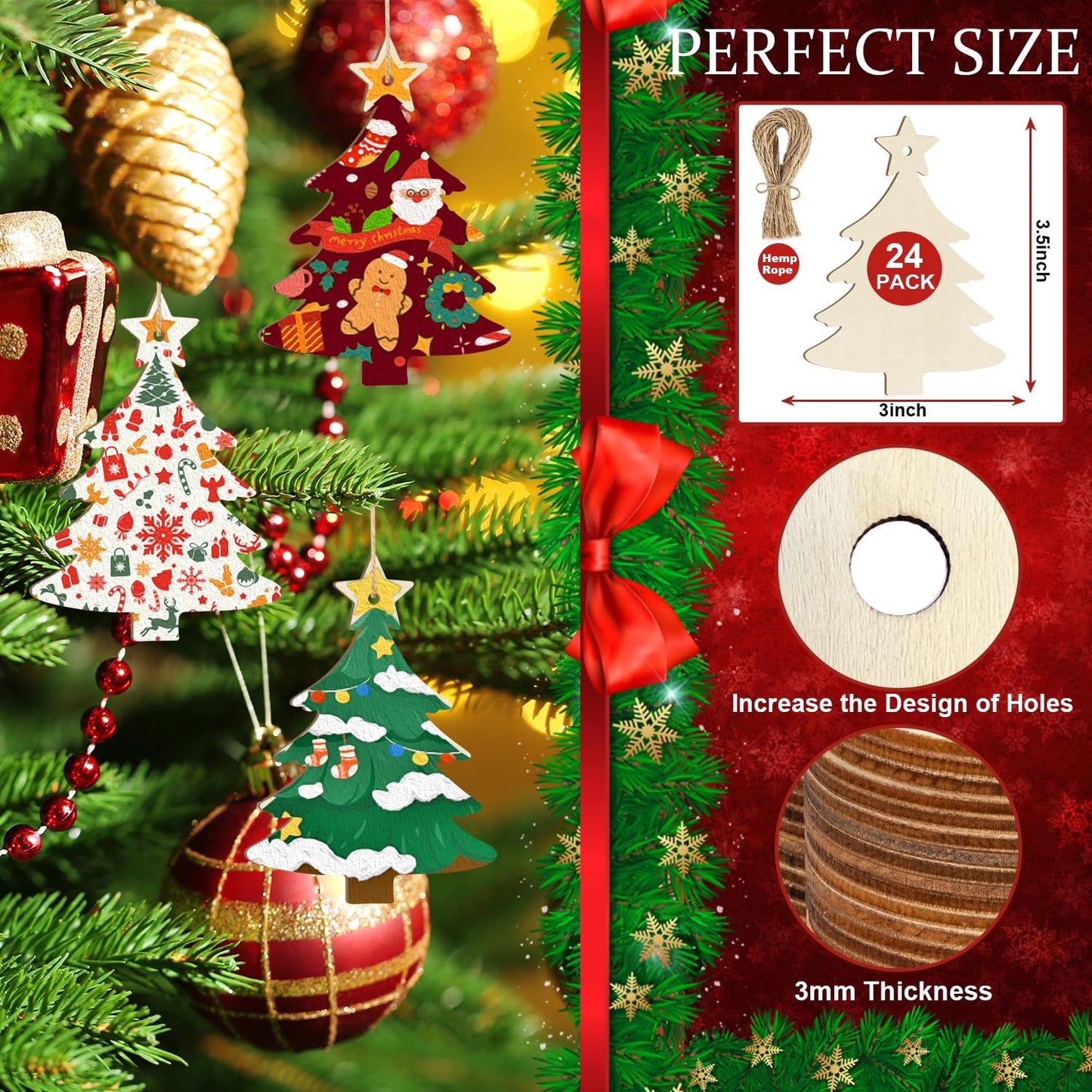Wooden Christmas Ornaments to Paint Christmas Tree Decoration Cutouts Unfinished 24PCS 3.5 x 3 inches, DIY Blank Unfinished Christmas Tree Wood Discs Ornament for Home Crafts Hanging