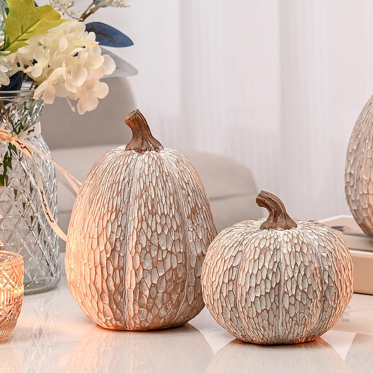 AOMOONOA Artificial Pumpkin Decor, Brown and White Decorative Pumpkins