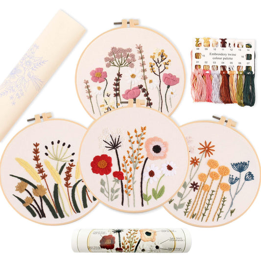 4ps Embroidery Starter kit with Flowers Patterns and Instructions, DIY Adult Beginner Cross Stitch Kits, Including 2 Plastic Embroidery Hoop, 1 Pair of Scissors, Colored Threads and Needles