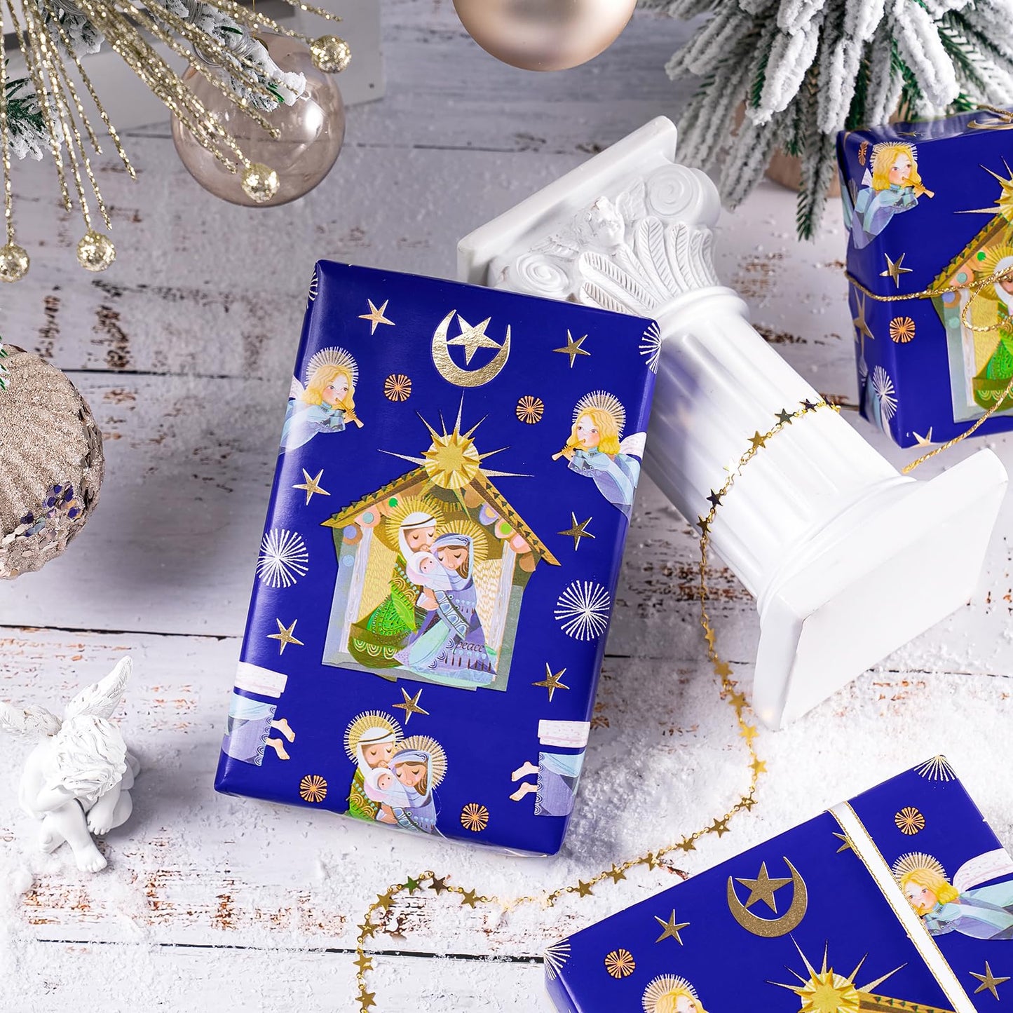Christmas Wrapping Paper - Mini Roll - 17 Inch x 33 Feet - Blue Little Angel Wrapping Paper for Christmas, Holiday, Party Celebration