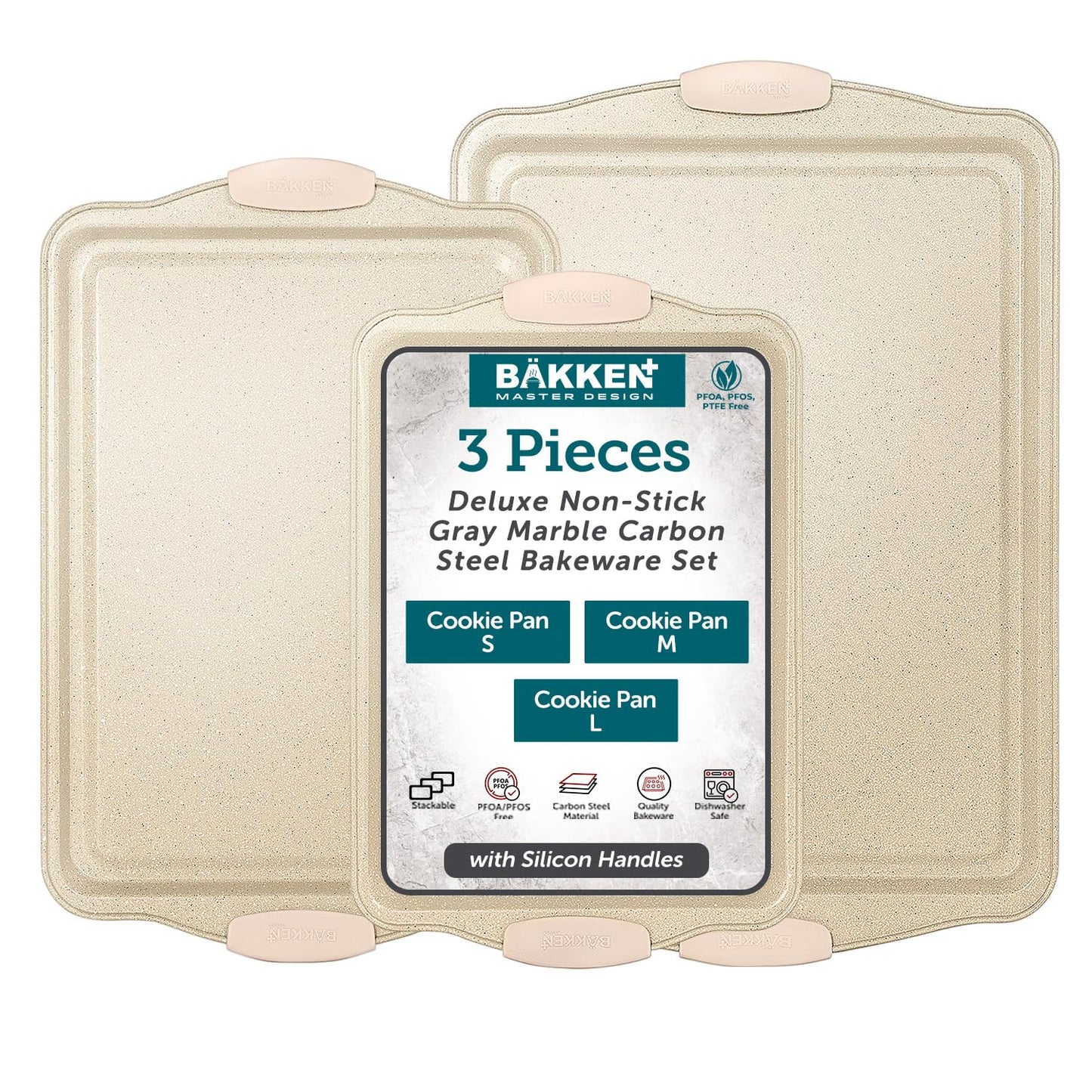 BAKKEN Deluxe Nonstick White Marble Baking Pans - Professional 3-Piece Carbon Steel Bakeware Set with Silicone Handles - Dishwasher Safe & Stackable