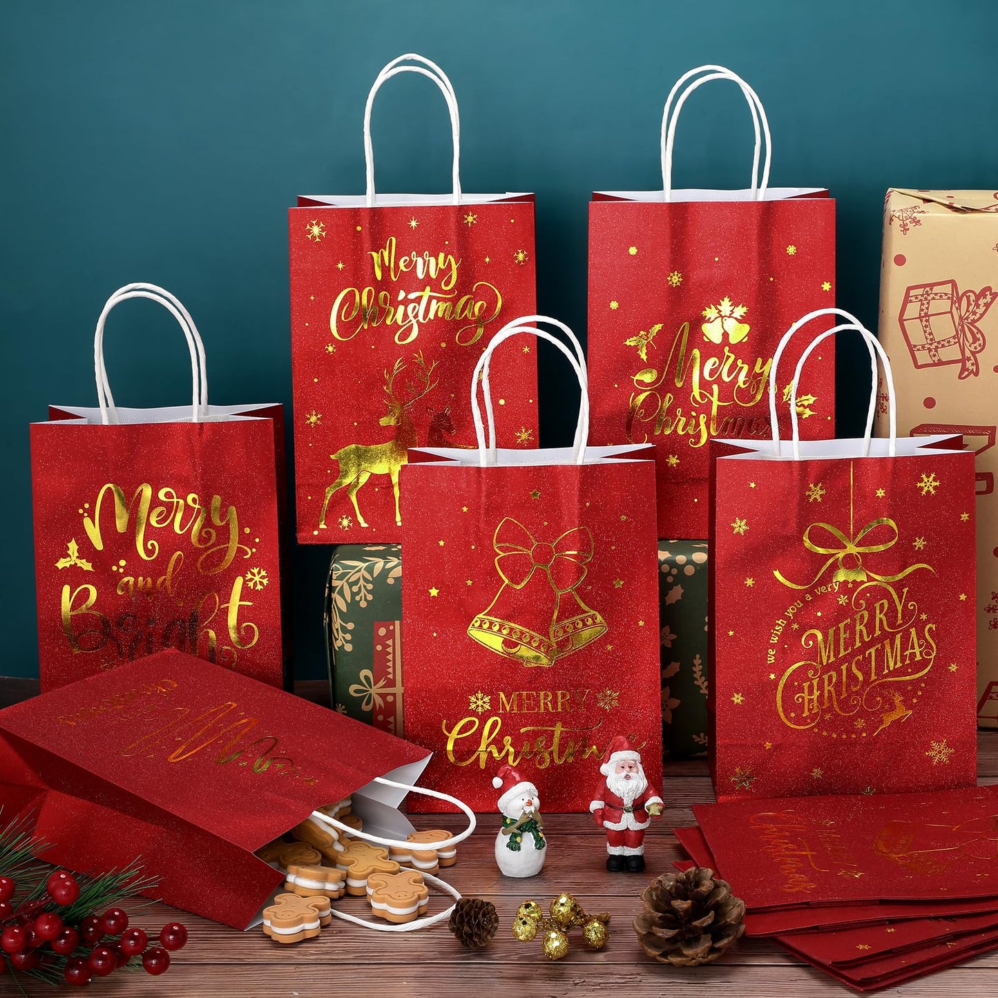 24 Pcs Christmas Gift Bags, Red Glitter Christmas Bags for Gifts with Tissue Paper, 6 Styles Red and Gold Foil Paper Goodie Bag with Handles, Bulk Xmas Holiday Reusable Party Favor Treat Bag