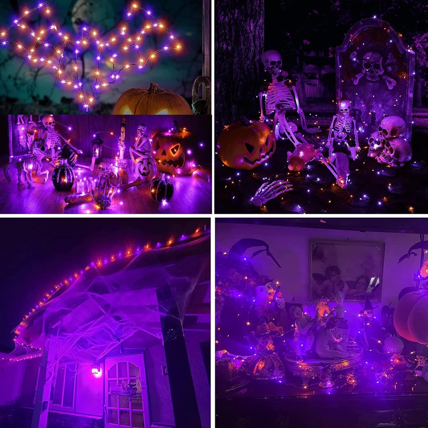 Joomer Orange Purple Halloween Solar String Lights 2Pack Total 100ft 300LED 8 Modes Solar Fairy Lights, Waterproof Lights Black Wire for Halloween Decorations
