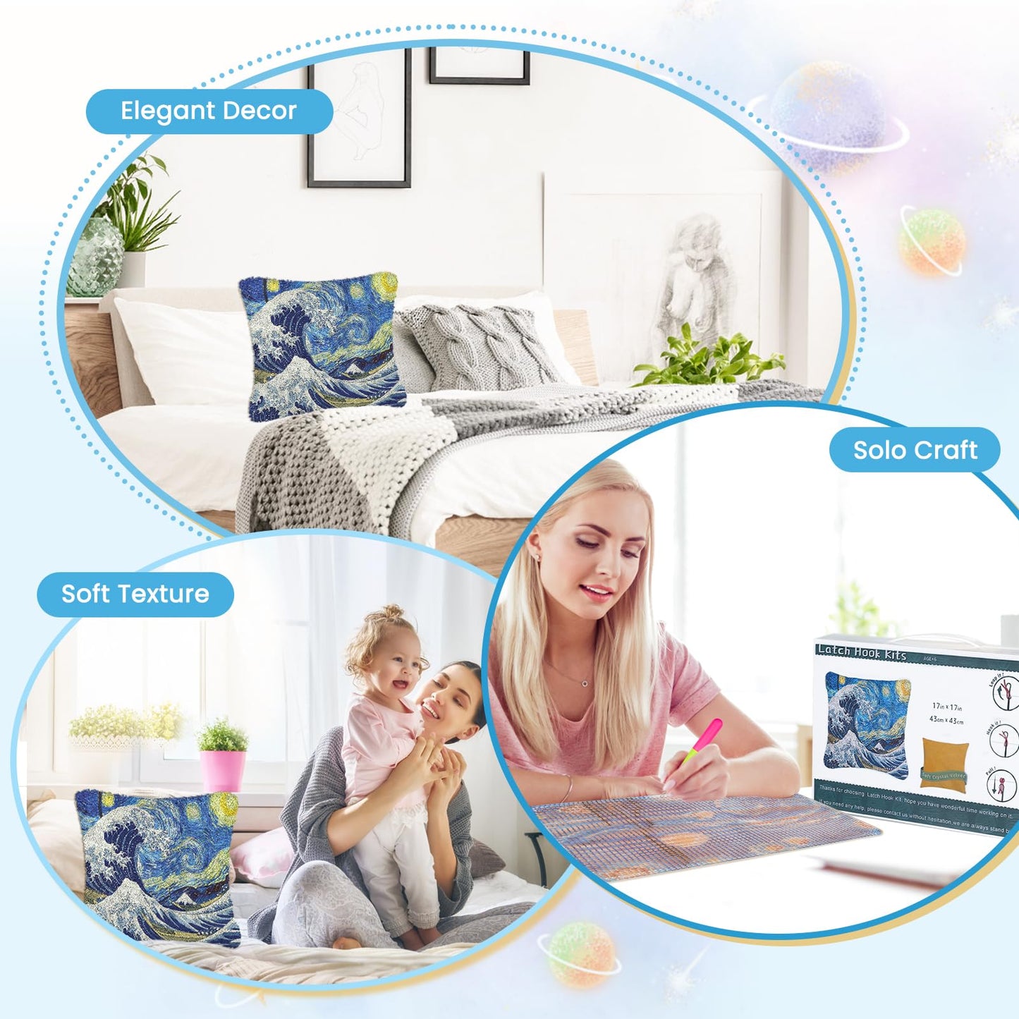 Latch Hook Pillow Kits Starry Sky Patterns Pre-Printed Canvas Pillow Making Set, Beginner Cushion Cover Latch Hook Kit, Creative Craft for Family Fun Home Decor