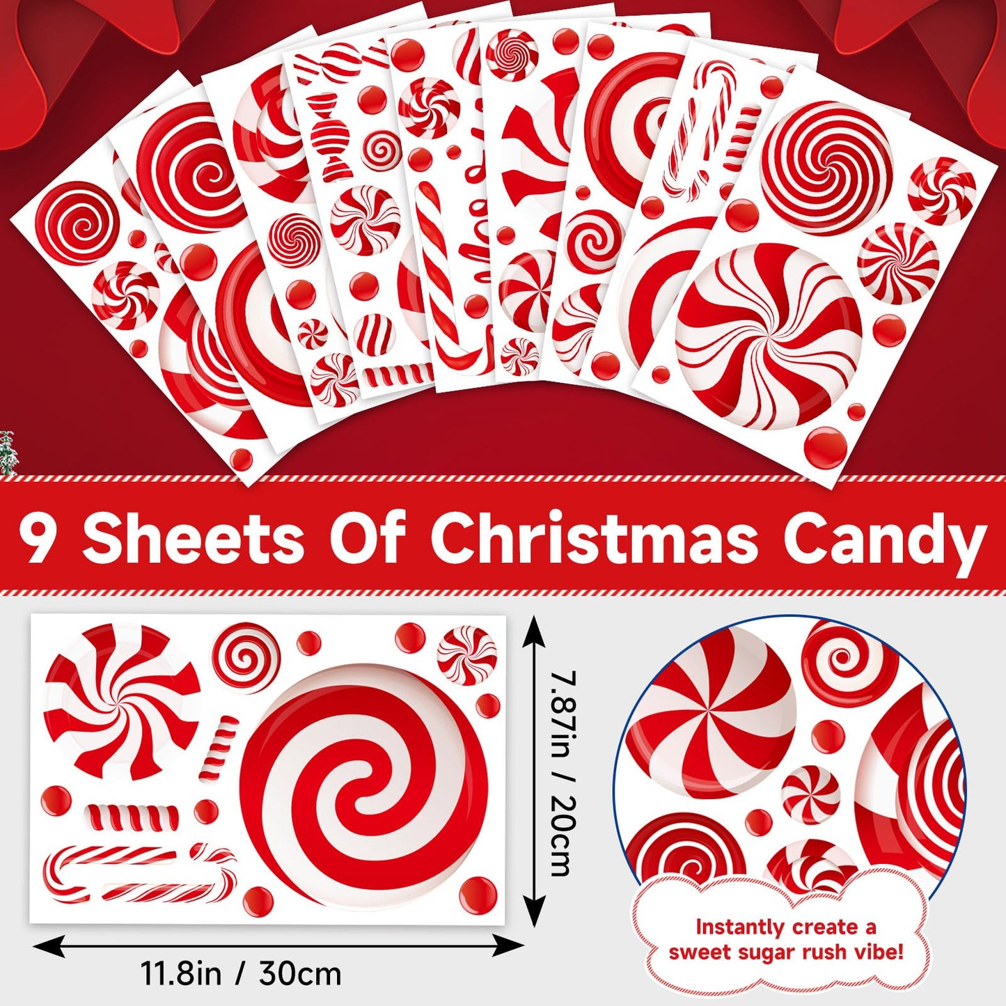 Candy Cane Christmas Window Clings Decorations, Winter Window Decal Stickers, Xmas Gift for Kids, Candyland Christmas Decor, 9 Sheets
