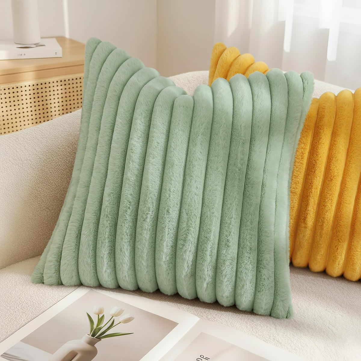 decorUhome Fall Cozy Faux Fur Throw Pillow Covers 18x18 Set of 2 Decorative Soft Plush Striped Modern Farmhouse Boho Couch Pillow Cases with Velvet Back for Sofa Bed Living Room, Sage Green