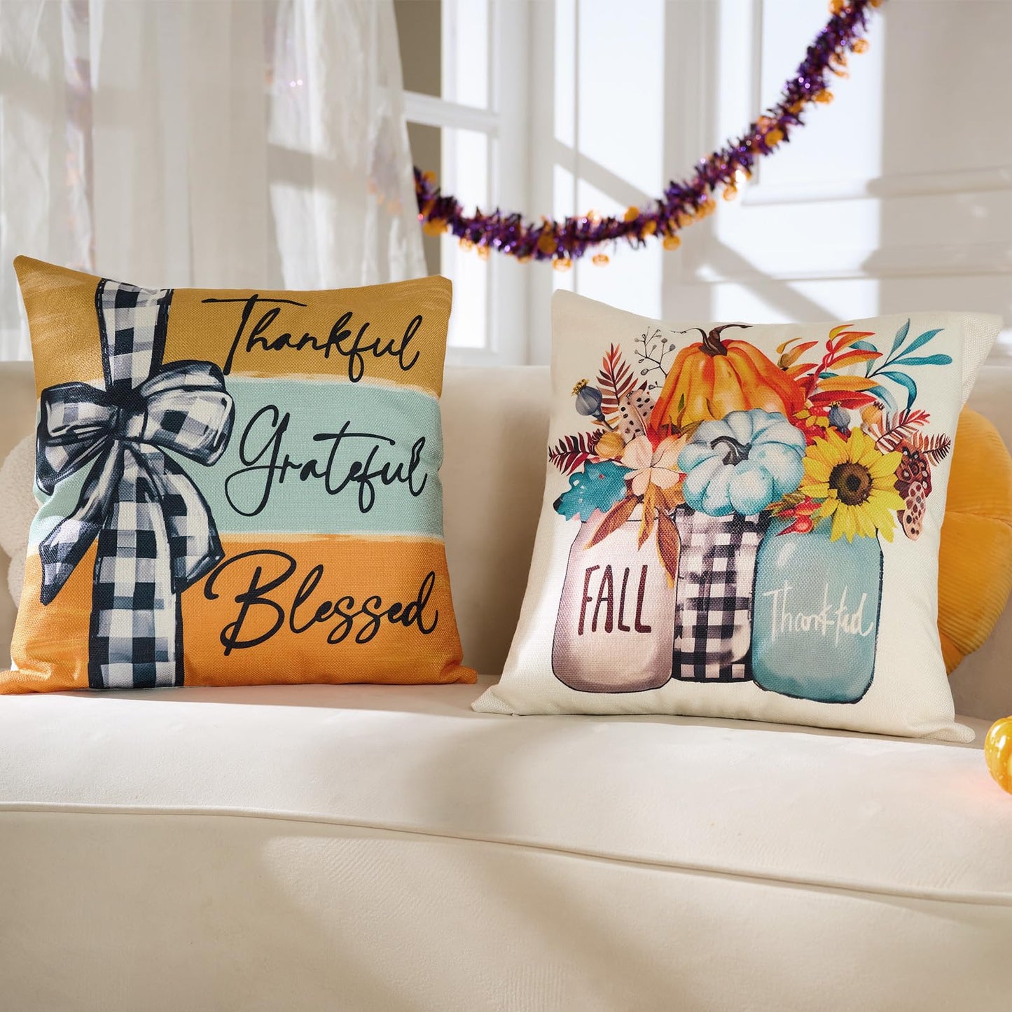 Fall Decorations for Home-Throw Pillow Covers 18x18 in Set of 4,Pumpkin Linen Pillow Case for Thanksgiving Couch Autumn Holiday Outdoor Burnt Orange Blue White Decor