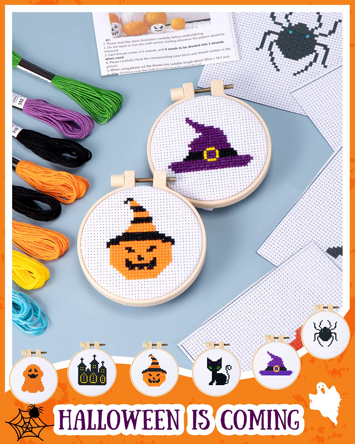 Pllieay Halloween Cross Stitch Beginner Kit for Kids 7-13, Includes 6pcs Project Cross Stitch Pattern and 2pcs Hoops, 8 Skeins, Needle Point Starter Kit Sewing Set with Instructions