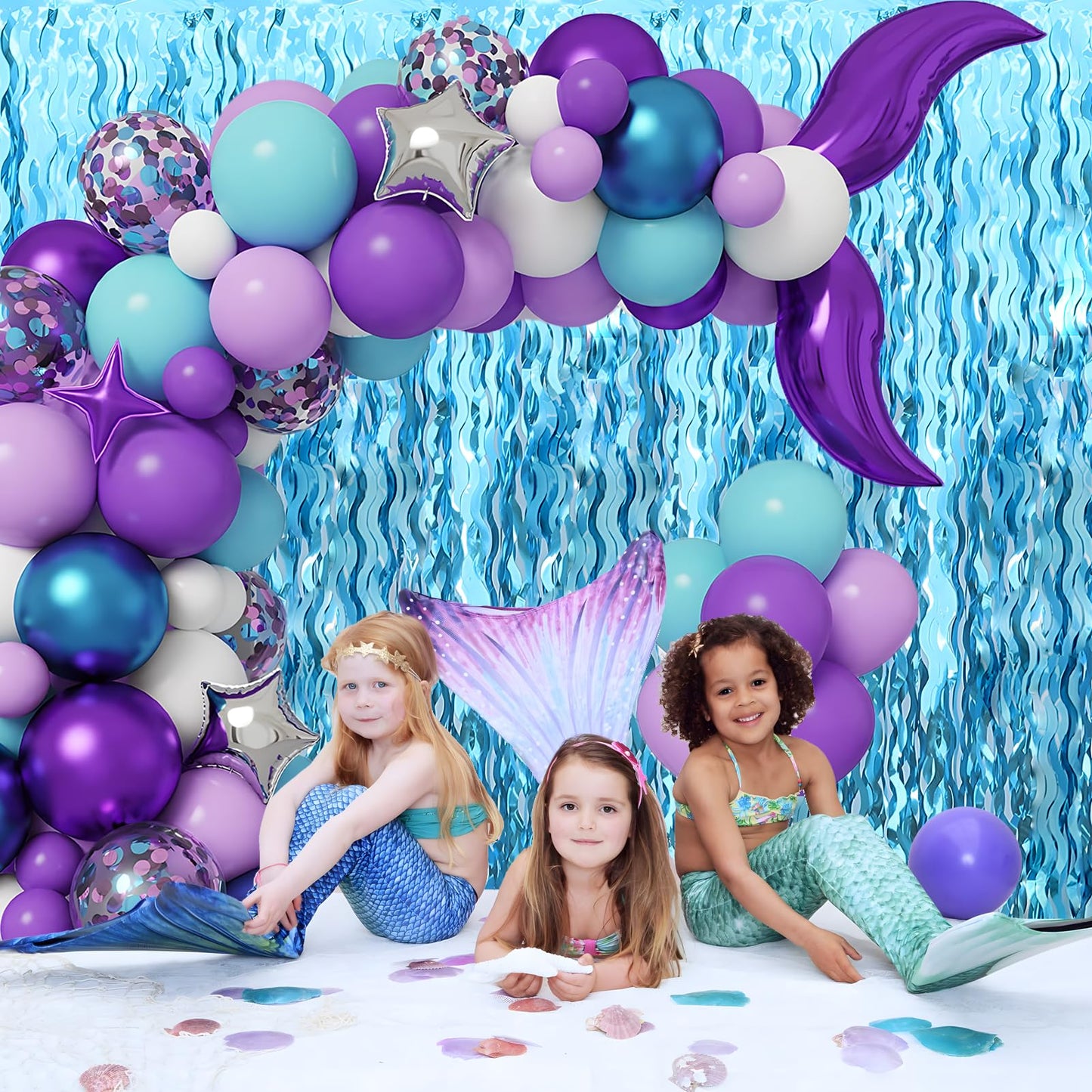 Wavy Tinsel Foil Fringe Curtains 3 pcs Teal Blue Backdrop for Mermaid Birthday,Under The Sea Party,Baby Shark Birthday Decorations(3.2 ft x 6.6 ft)