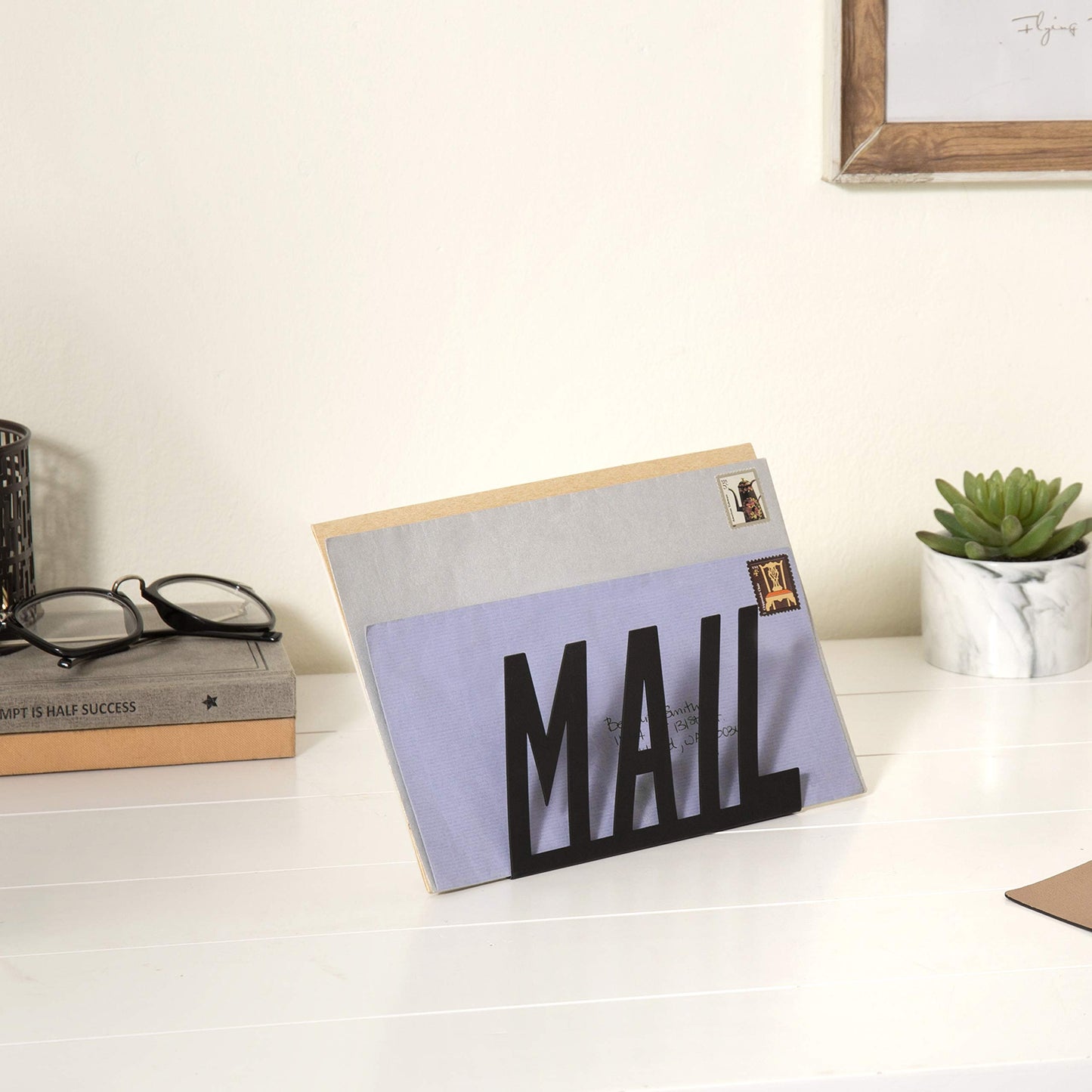 Modern Black Metal Mail Holder Countertop Organizer with Cutout Mail Lettering Design, Office Desktop Envelope and Document Storage Rack