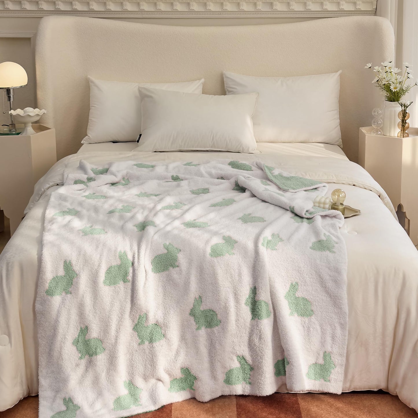 Ultra Soft Cozy Happy Easter Rabbits Spring Knitted Throw Blanket Fluffy Microfiber Checkerboard Bed Blanket Lightweight Both Sides Blanket for Couch Sofa Bed… (Rabbit Green, Throw 50“x60”)