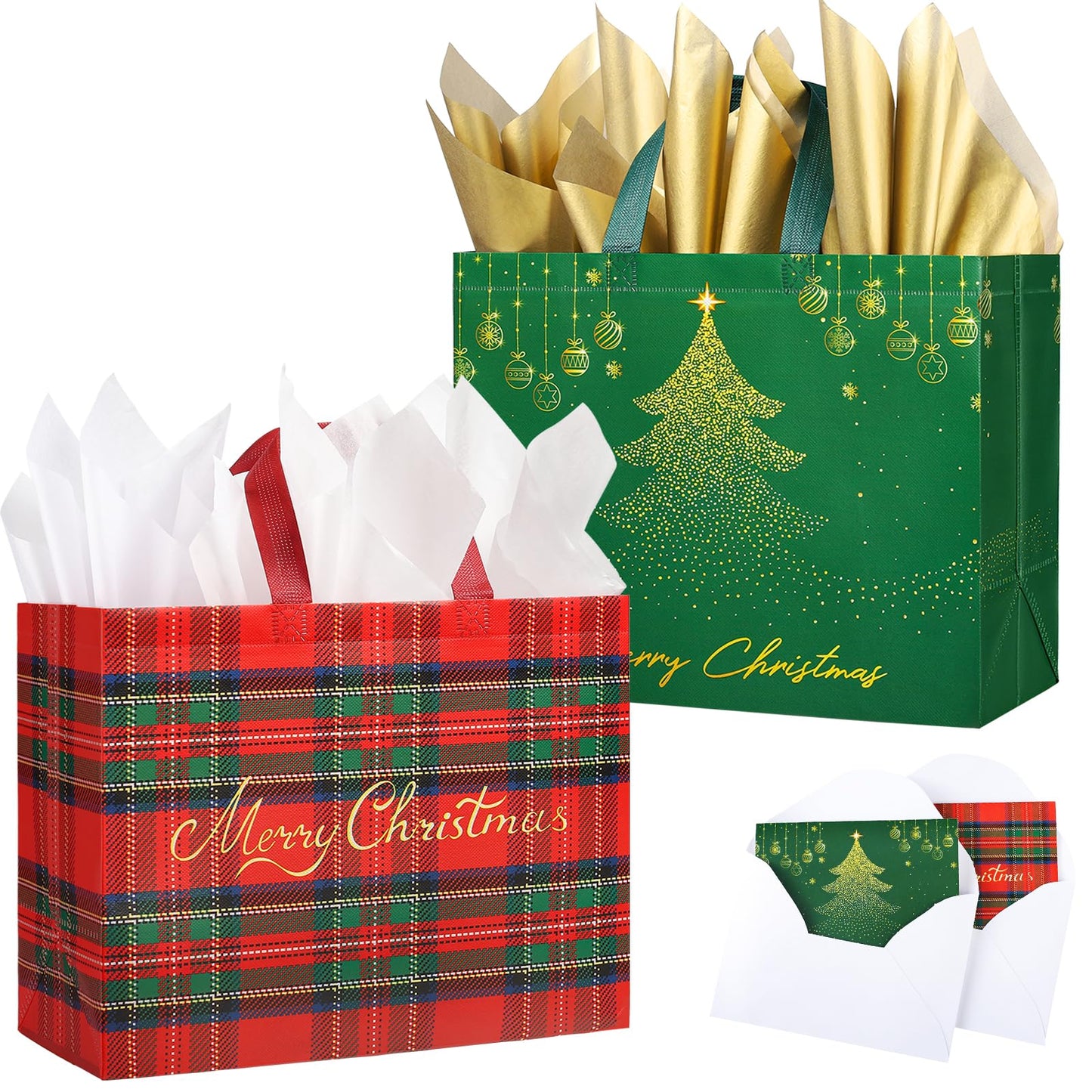 2 Pack 13" Large Christmas Gift Bags with Tissue Paper, Reusable Non-Woven Christmas Bag with Handles for Holiday Presents Wrapping, Holiday Tote Bags for Gifts Wrapping Xmas Party Favors