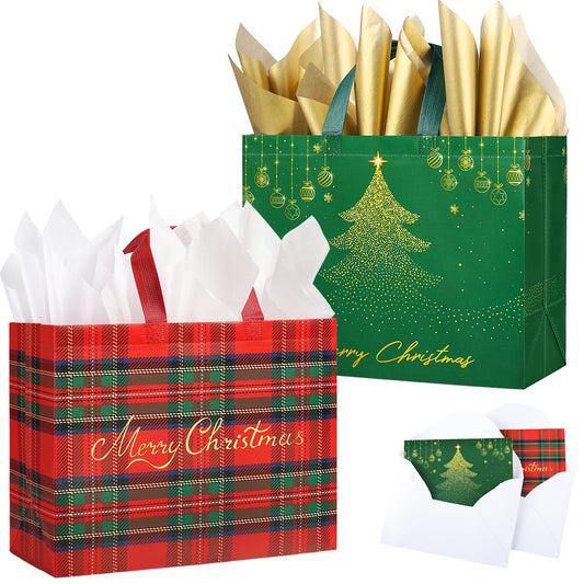 2 Pack 13" Large Christmas Gift Bags with Tissue Paper, Reusable Non-Woven Christmas Bag with Handles for Holiday Presents Wrapping, Holiday Tote Bags for Gifts Wrapping Xmas Party Favors