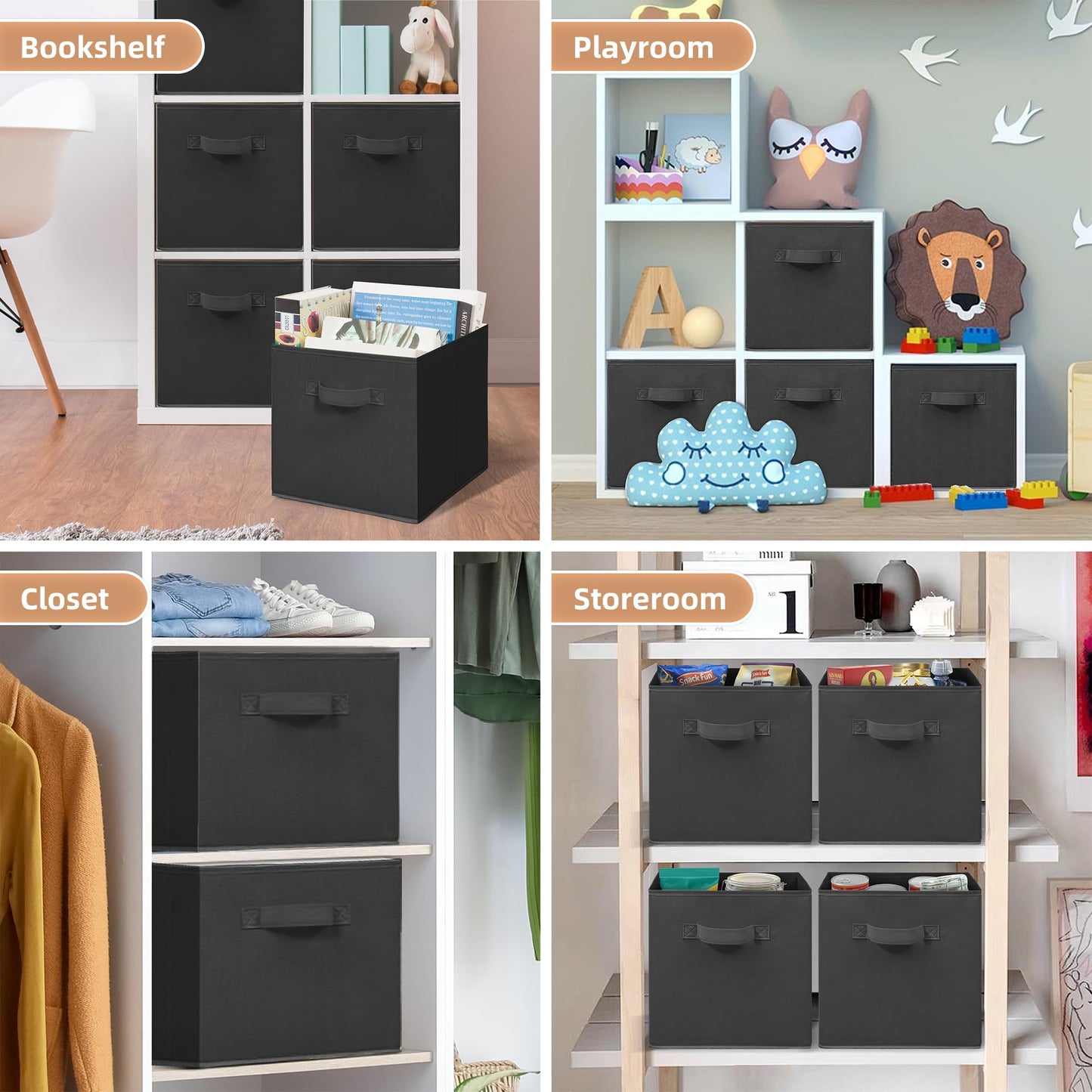 STORAGE MANIAC Storage Cubes, 11 Inch Durable 6 Pack Fabric Foldable Collapsible Bins with Handles for Organization, Closet, Shelves, Offices, Toys, Black