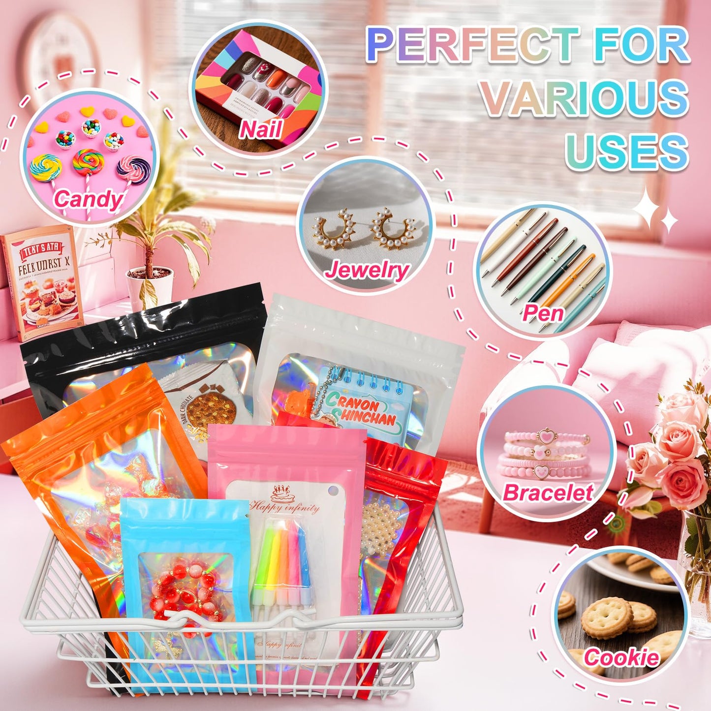 100 Pieces Smell Proof Mylar Bags, Holographic Packaging Bag, Resealable Odor Foil Pouch Zipper Bags with Clear Window for Food Storage and Lipgloss, Jewelry Lash (Black, 2.4 x 3.9 Inch)