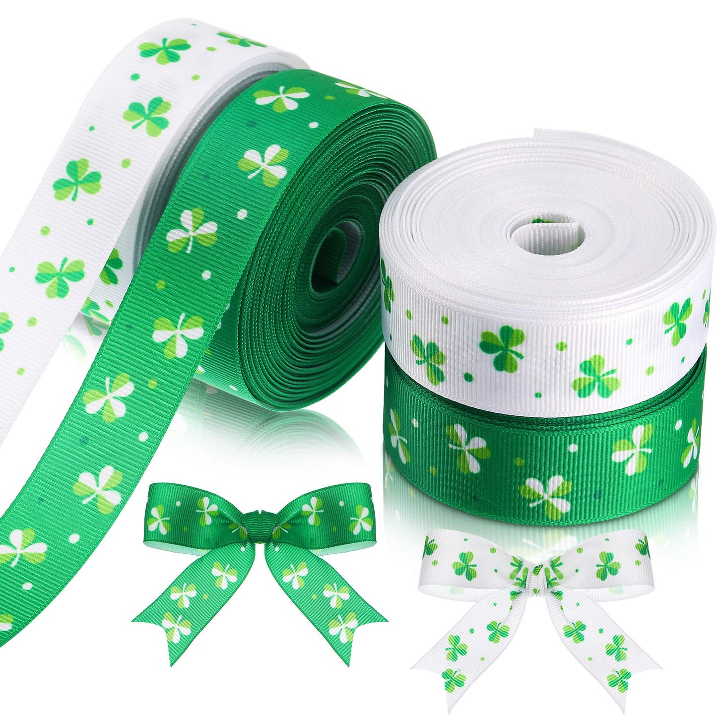 4 Rolls 40 Yards Shamrock Grosgrain Ribbon Irish Clover Pattern Fabric Ribbon 7/8 Inch Holiday Polyester Grosgrain Craft Ribbon for St. Patrick's Day Festival Decor Bows Wreath Lanyards Wrapping