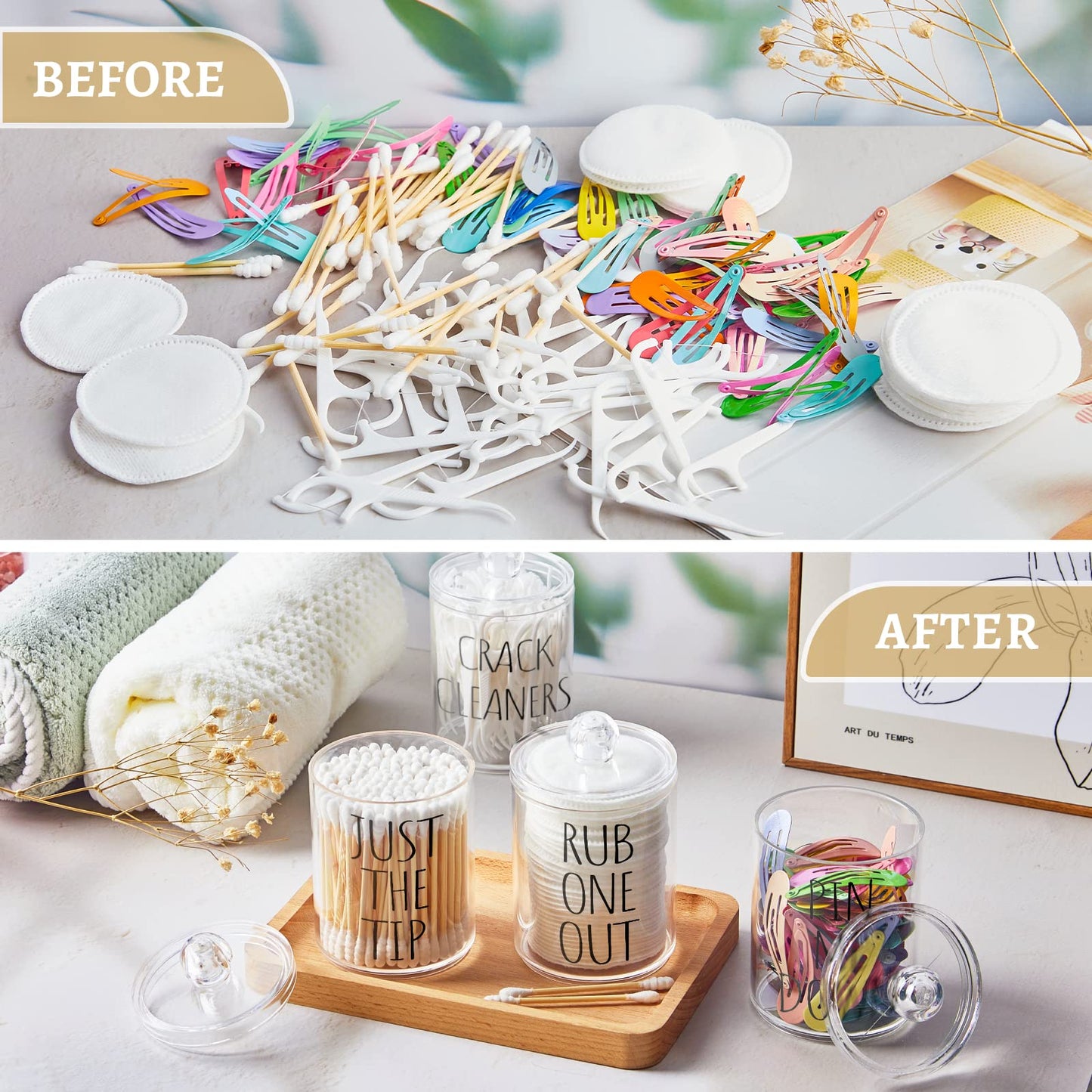 4 Pack Qtip Holder Dispenser with Lids and Labels - 10 oz Acrylic Apothecary Jars Plastic Bathroom Vanity Canister Organizer for Cotton Balls, Pads, Swabs, Floss (Clear)