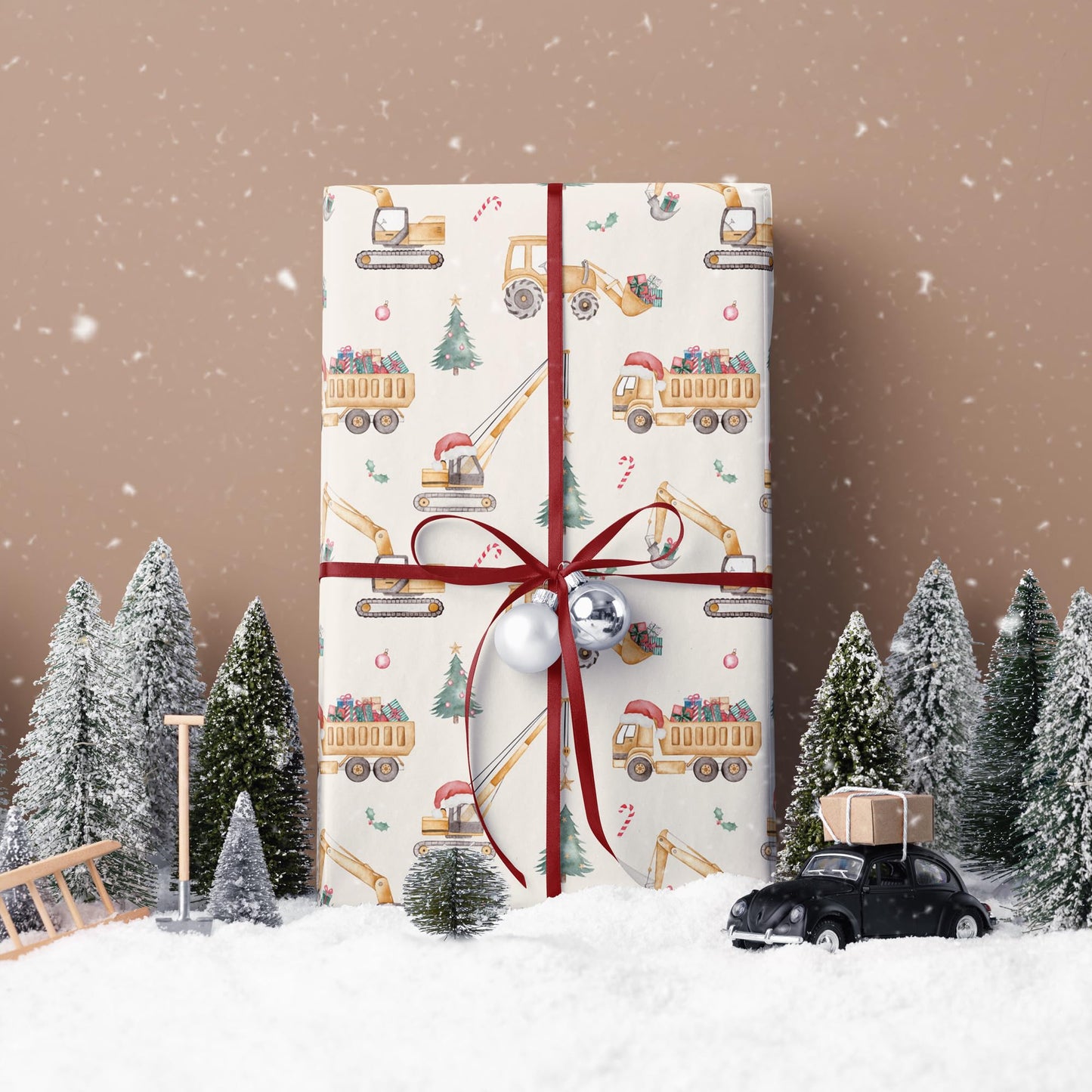 Construction Christmas Wrapping Paper for Kids - Holiday Wrapping Paper with Dump Trucks, Cranes, Excavators with Santa Hats & Gifts, Christmas Tree - 40×28 Inches, 4 Folded Sheets