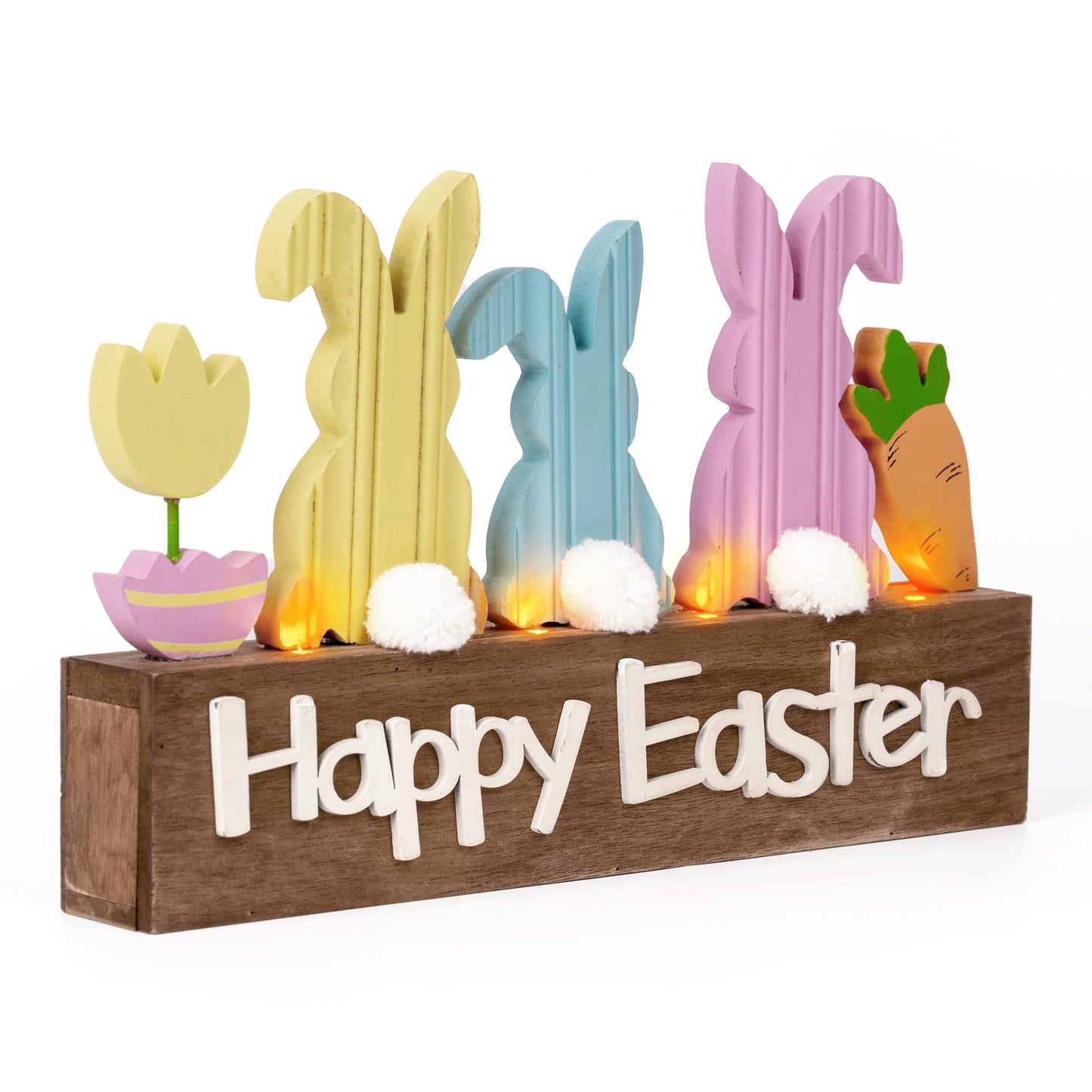 Easter Decorations, Wooden Easter Decor for Table with LED Lights, Lighted Bunny Decorations for The Home Decor Shelf Tiered Tray Living Room, 8 Inch, Pink Blue