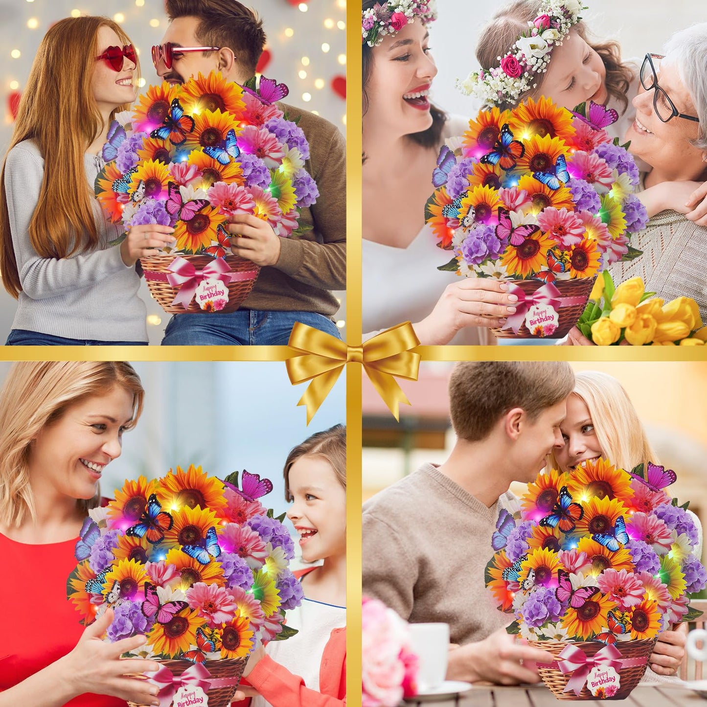 MZD8391 Birthday Cards with MUSIC & LIGHTS, Pop Up Happy Birthday Card, Sunflower & Butterfly, 10 Inch Life Sized Forever Flower Bouquet Gifts for Women Mom Grandma