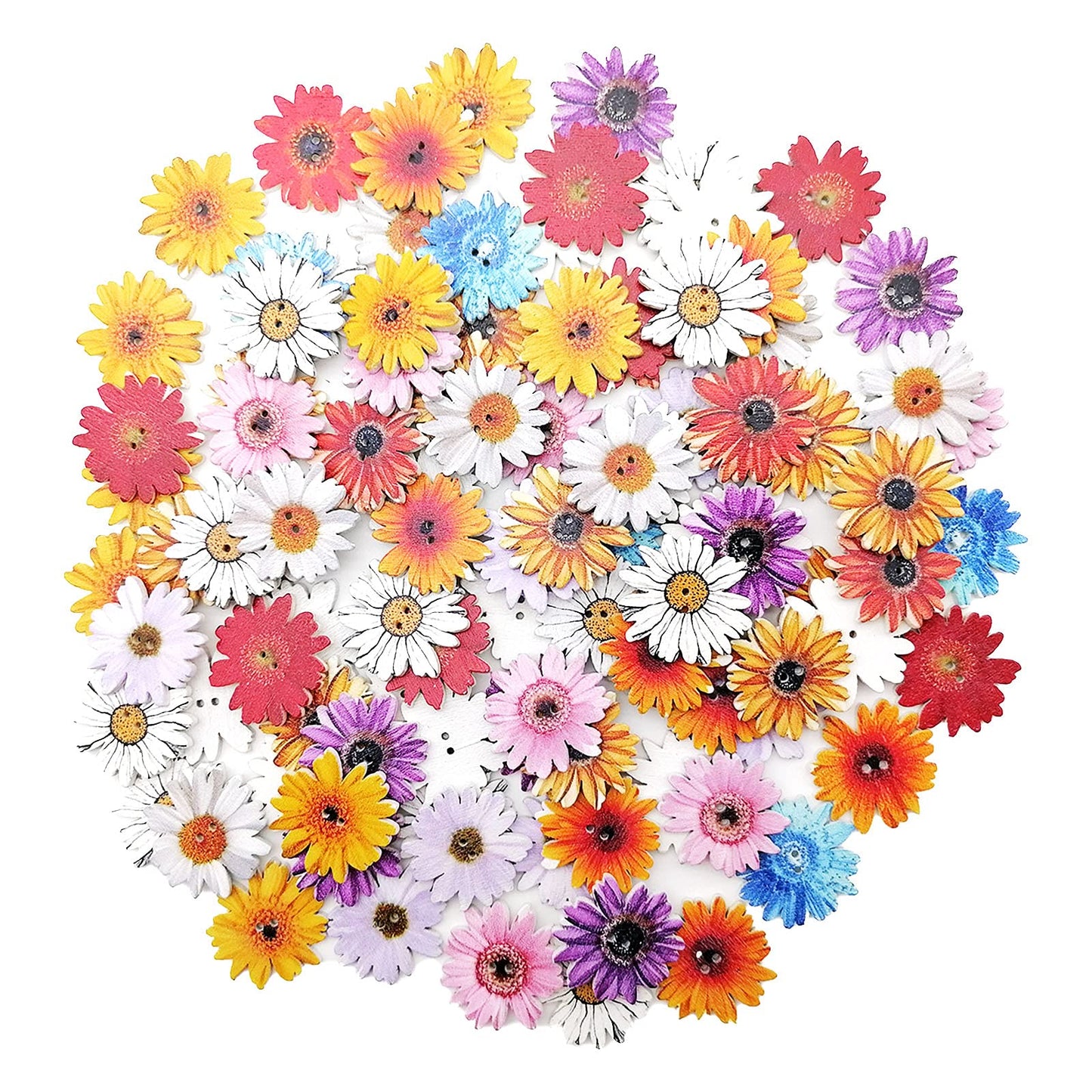 Alfykym 100Pcs Wood Daisy Buttons Painted Wooden Flower Buttons for Crafts Sunflower Wood Buttons 2 Holes Flatback Flower shaped Buttons
