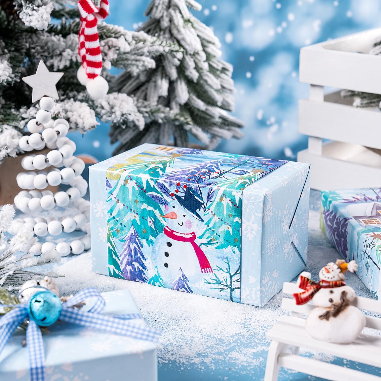 Reversible Christmas Wrapping Paper - Mini Roll - 17 Inch x 33 Feet - Snowman and Snowflake Wrapping Paper with Embossed for Christmas, Holiday, Party