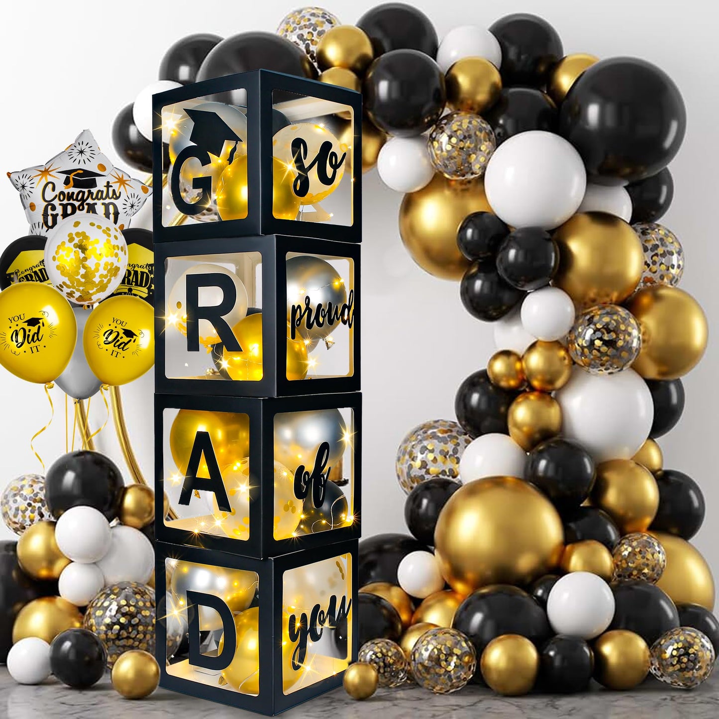 AYGXU Graduation Decorations 2026-Graduation Party Decorations,Graduation Balloons Boxes(4PCS) with LED Light Strings & Letters 2026 GRAD So Proud of You,Party Favors For Any Grades Class.