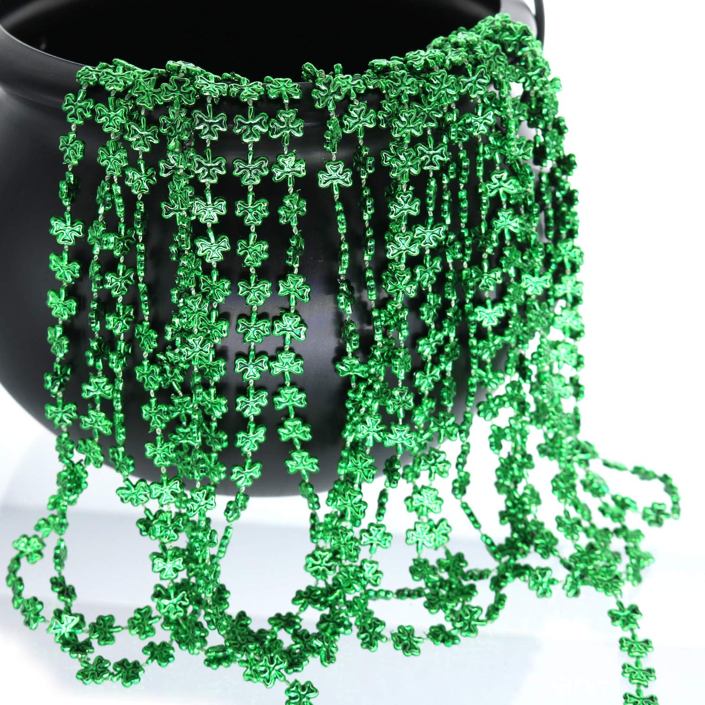 GiftExpress 12 pack of 33 St. Patricks Day Shamrock bead Necklaces, Mardi Gras Bead Necklaces, Matellic Green Shamrock Clover Bead Necklaces, Party Beads, Costume Jewelry