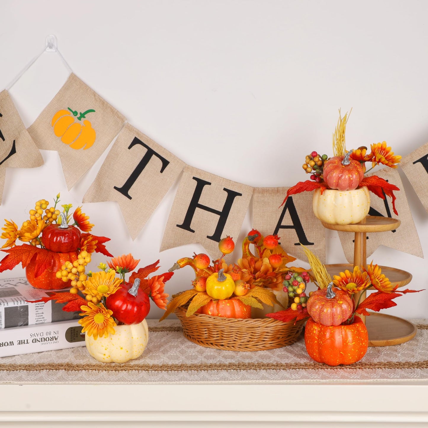 Fall Decorations for Home - Set of 6 Artificial Pumpkins with Maple & Flowers, Thanksgiving Table Decor, Pumpkin Vases Centerpiece for Kitchen Office Indoor