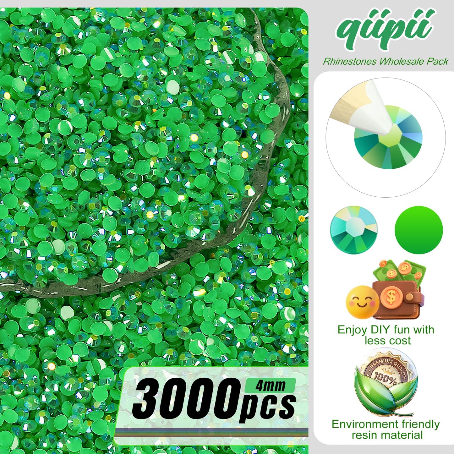 qiipii 3000PCS 4mm Emerald Green AB Resin Rhinestones for Crafting Dark Green Flatback Jelly Stones Bulk SS16 Non-Hotfix Diamonds Gems for Nails Face Eyes Makeup Tumblers Mugs DIY Crafts Decor Clothes