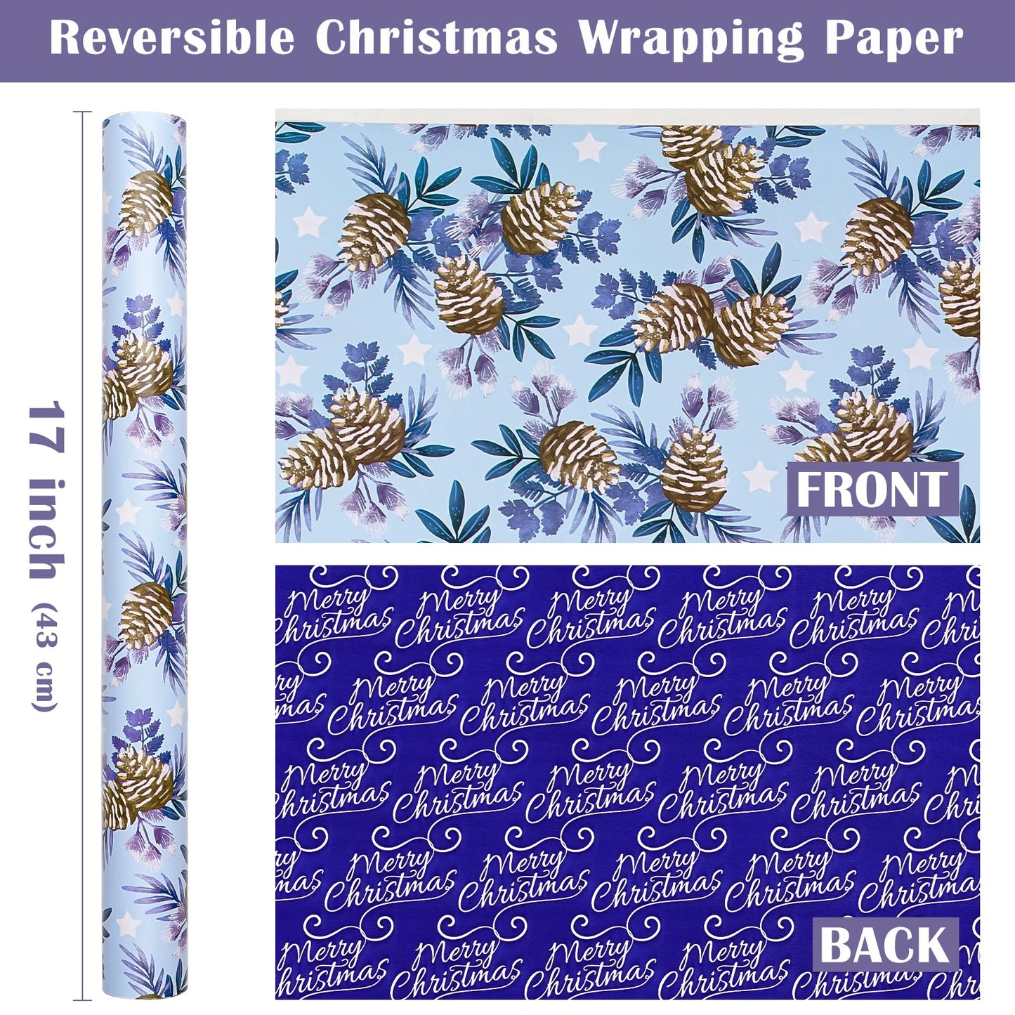 Reversible Christmas Wrapping Paper - Mini Roll - 17 Inch x 33 Feet - Pinecone and Merry Christmas Blue Wrapping Paper for Xmas Holiday, Party Celebration