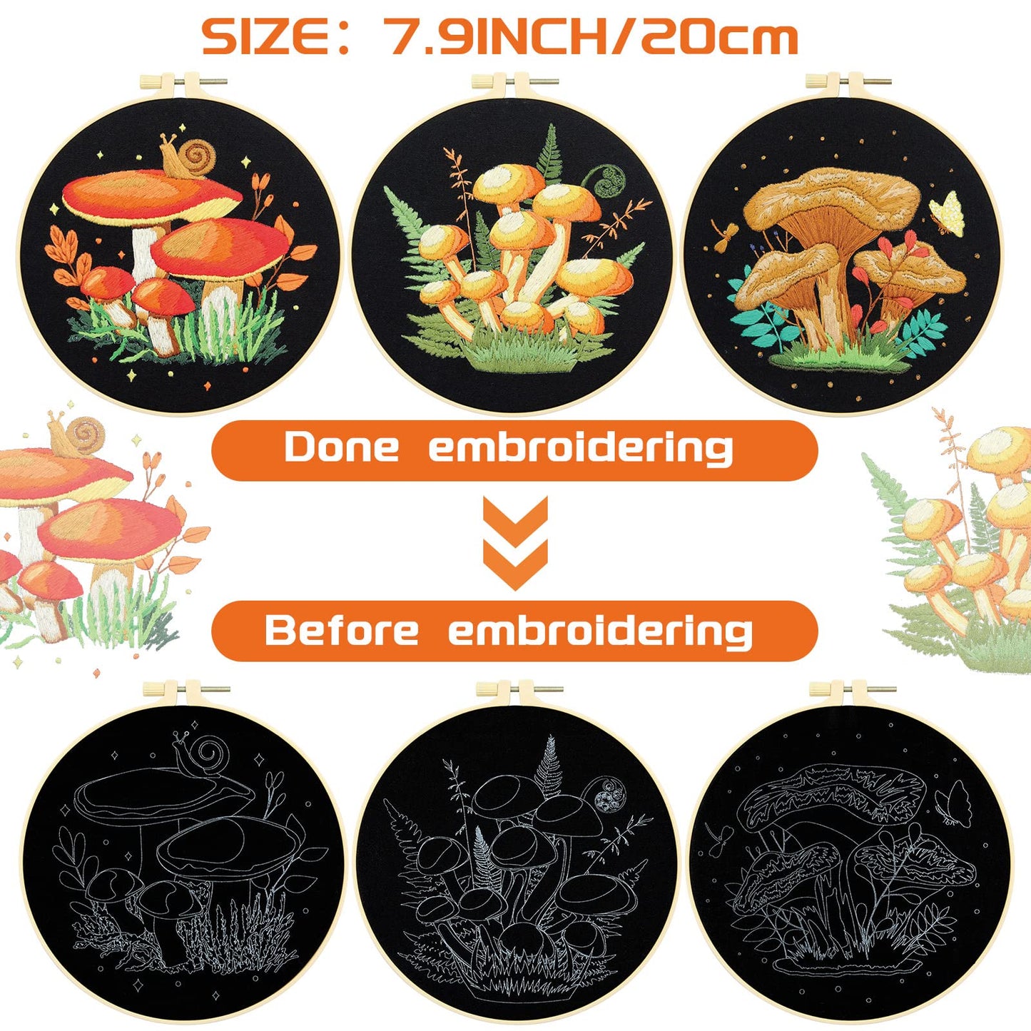 5 Sets Mushroom Embroidery Kit for Beginners with Pattern and Instructions Include Embroidery Cloth Hoops Threads for Craft Lover Hand Stitch DIY Adult Hand Needlepoint