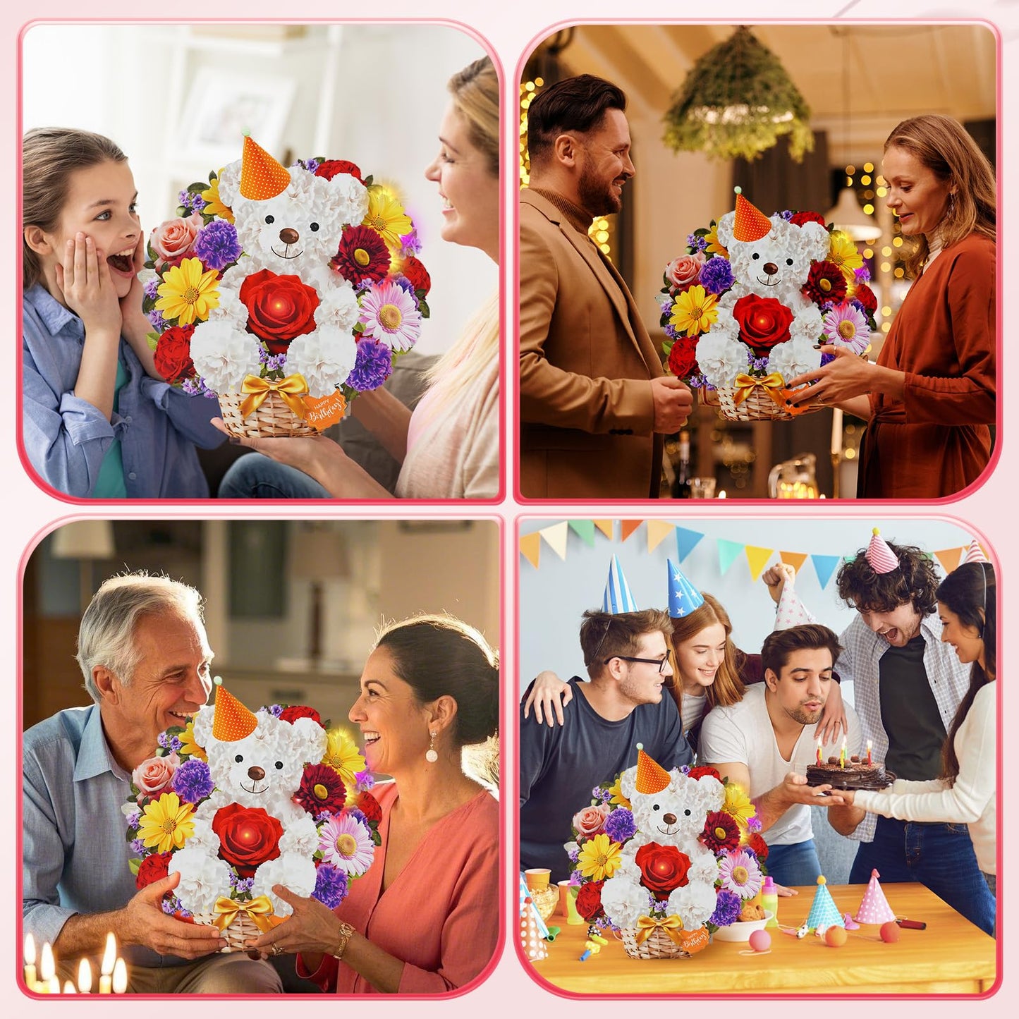 MZD8391 Birthday Cards with MUSIC & LIGHTS, Happy Birthday Card, Bear & Daisy, 10 Inch Life Sized Forever Flower Bouquet 3D Pop Up Greeting Card for Wife Mom Daughter Grandma Women