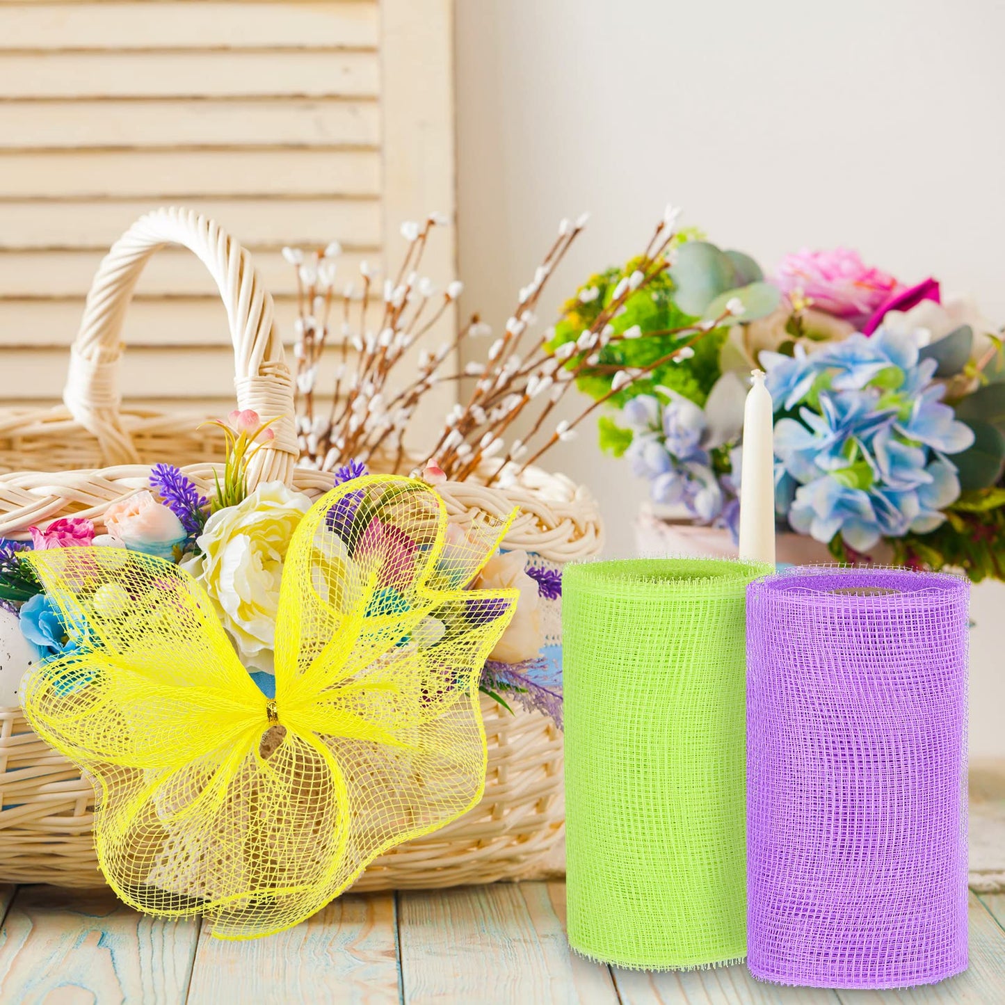 4 Rolls Easter Decor Mesh Ribbon Making Supplies Poly Mesh Ribbon for Halloween Craft Wreaths Decorating 30 Feet Each Roll(6 Inch Wide,Yellow, Green, Blue, Purple)