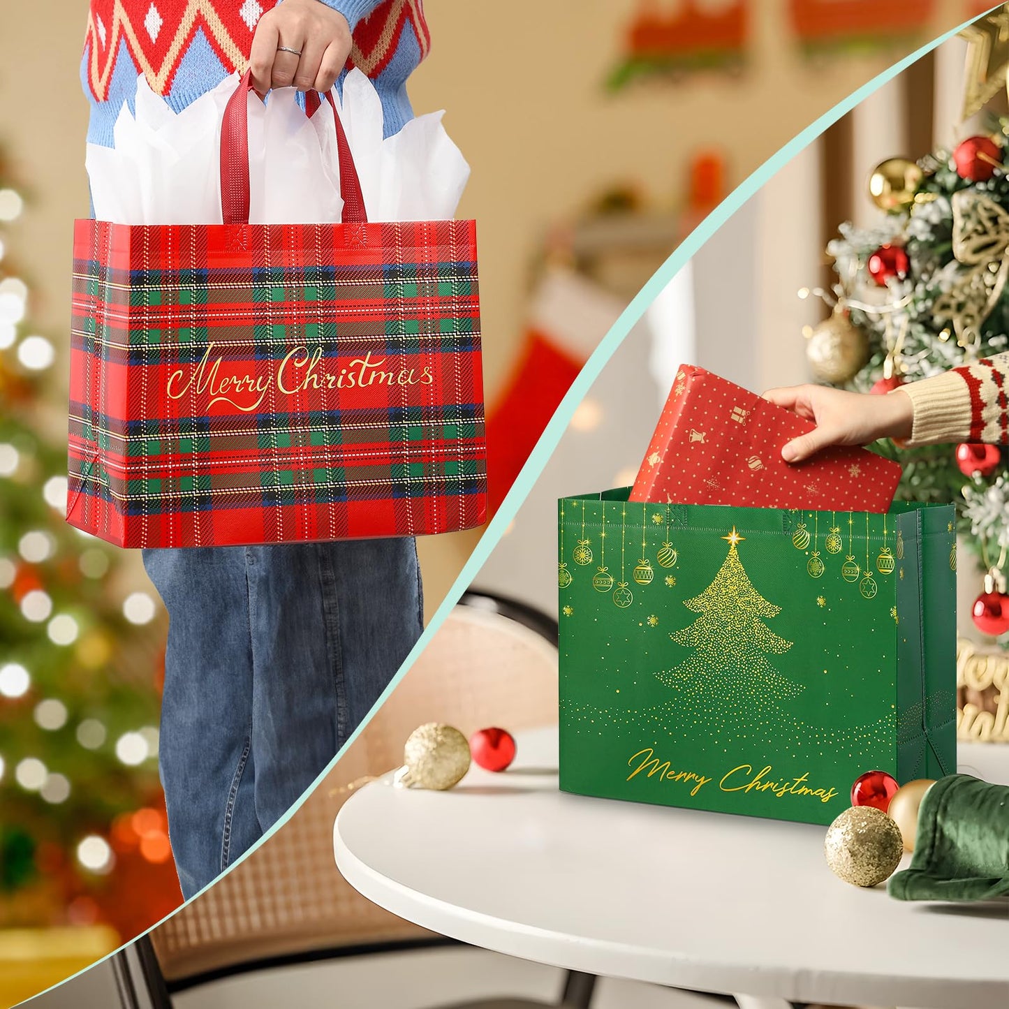 2 Pack 13" Large Christmas Gift Bags with Tissue Paper, Reusable Non-Woven Christmas Bag with Handles for Holiday Presents Wrapping, Holiday Tote Bags for Gifts Wrapping Xmas Party Favors