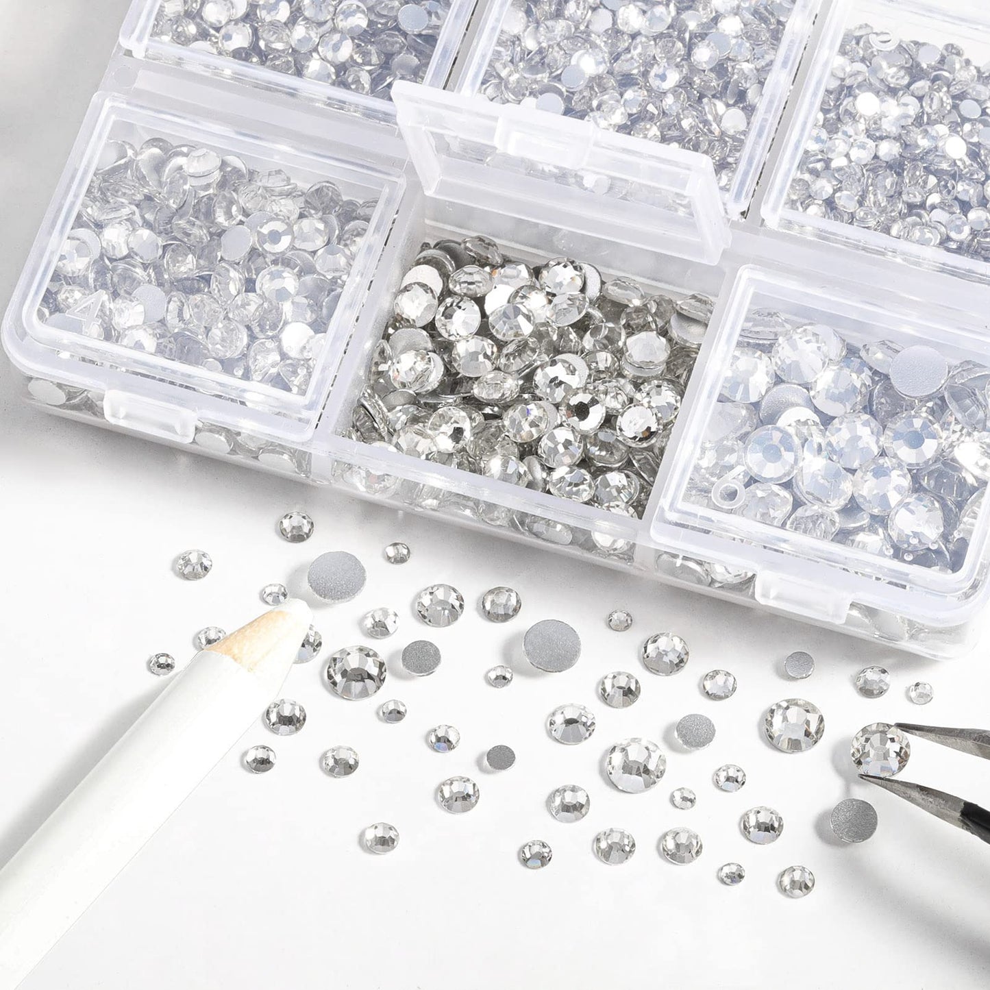 Beadsland 4300pcs Flatback Rhinestones,Clear Rhinestones Nail Gems Round Crystal Rhinestones for Crafts,Mixed 6 Sizes with Picking Tweezers and Wax Pencil Kit, SS6-SS20,Crystal