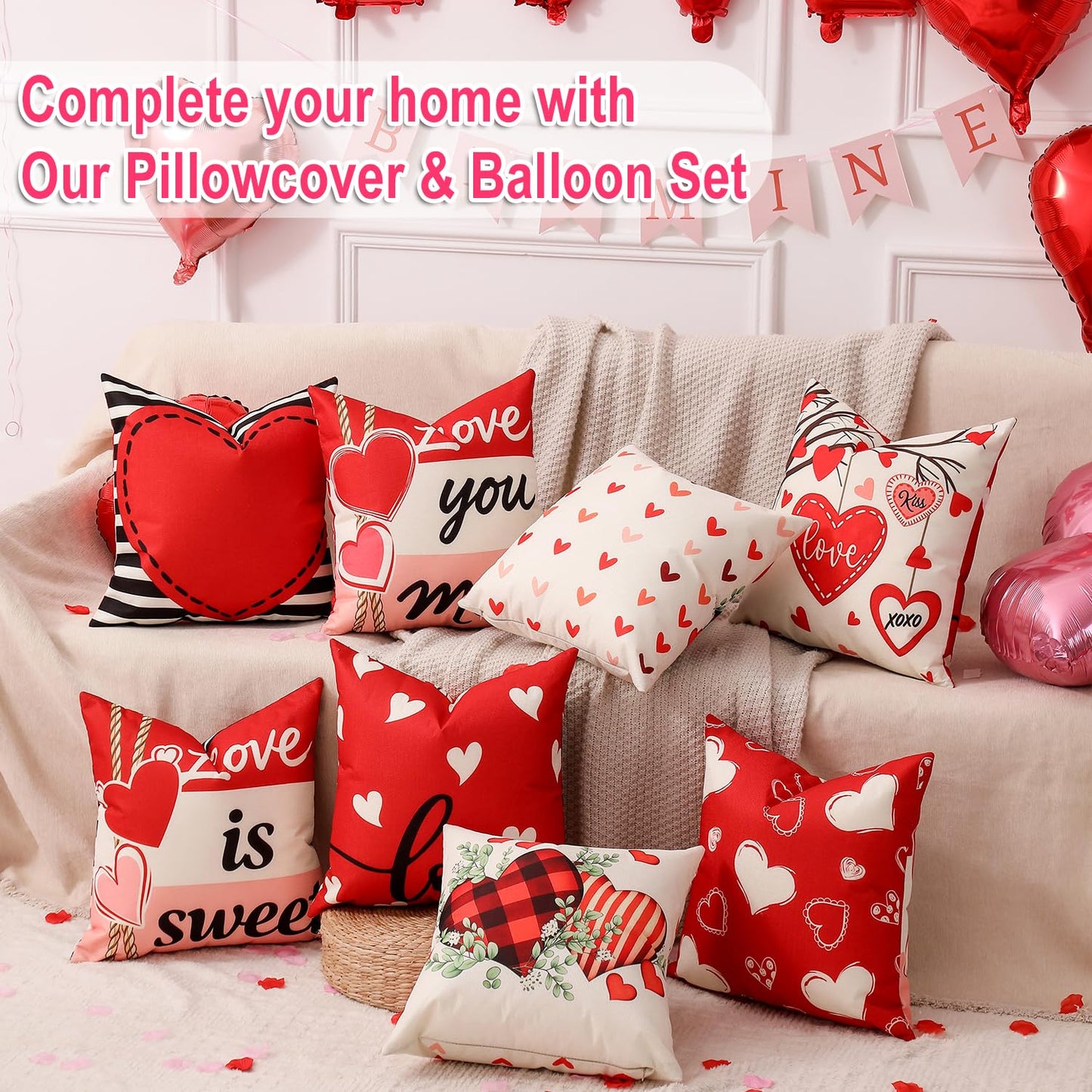 Valentine Decorations Set of 4 Double-Sided Valentine's Day Throw Pillow Covers 20" x 20", Reversible 8 Designs, with 16 pcs Heart & Love Balloons, Stickers, Complete Valentines Decor Kit