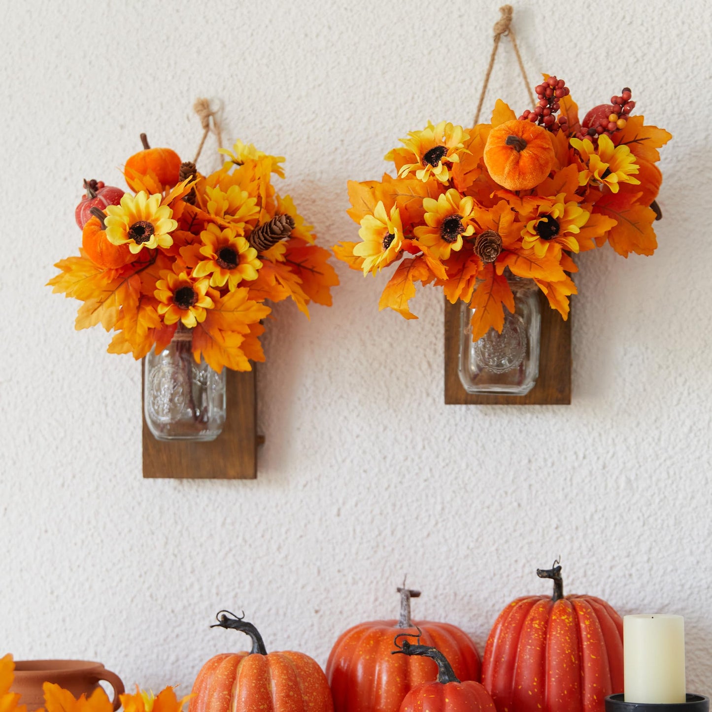 4Pcs Artificial Maple Leaf Pumpkin Branch with Berry and Sun Flowers, Autumn Floral Branch for DIY Arrangment Decor