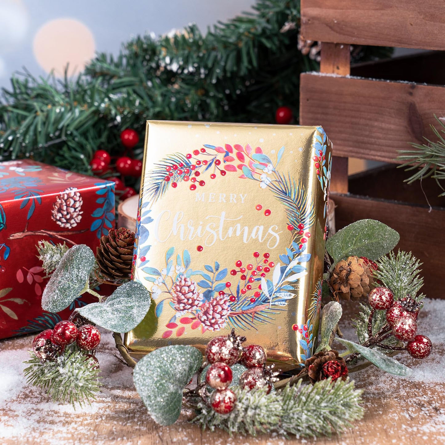 Christmas Wrapping Paper Roll - Mini Roll - 3 Rolls - 17 Inch x 120 Inch Per Roll - Bird, Christmas Garland, Holly and Pinecones Holiday Design with Metallic Foil Shine