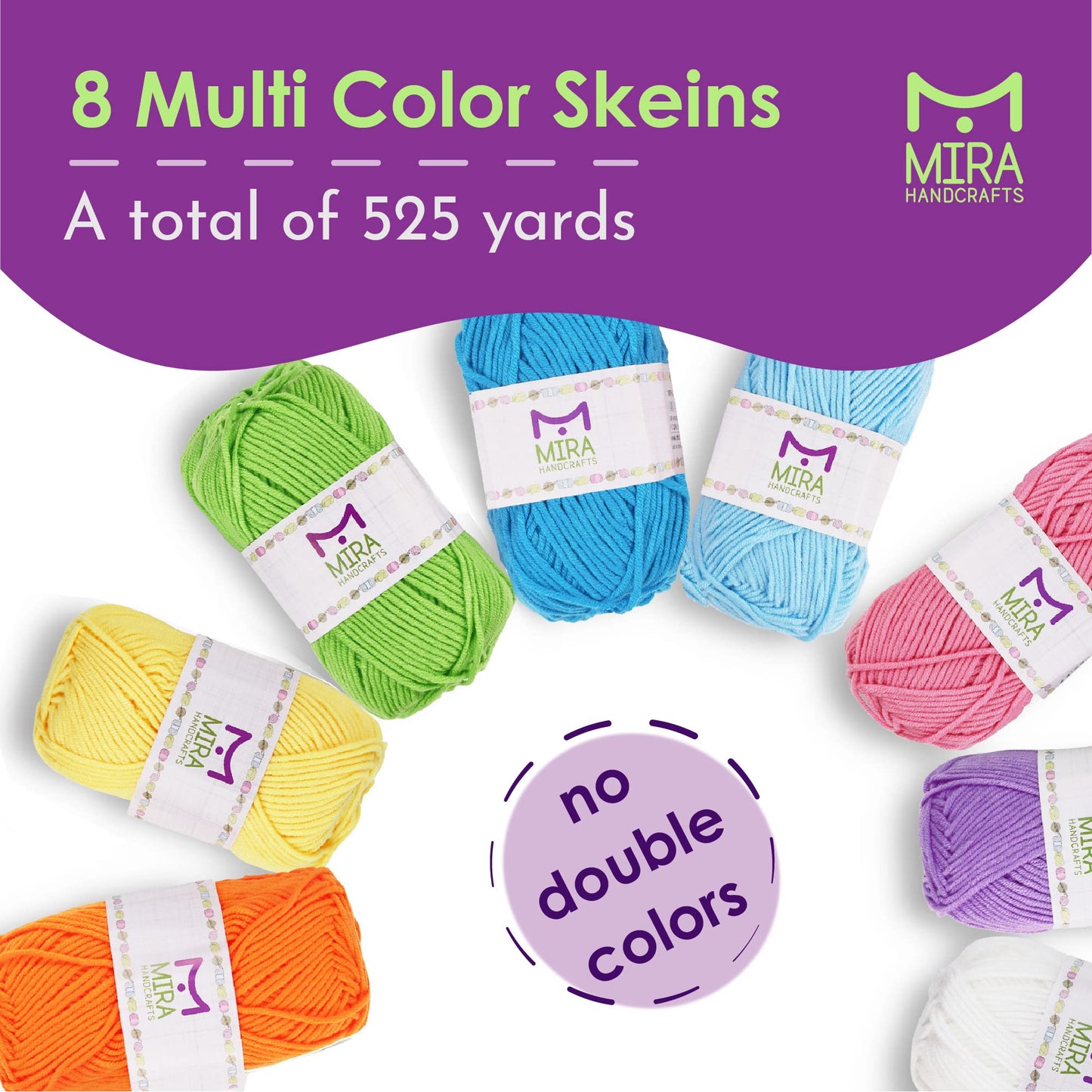 Mira Handcrafts 8 Acrylic Yarn Bonbons | Total of 525 yards Craft Yarn | Includes 2 Crochet Hooks, 2 Weaving Needles, 7 E-books | DK Yarn for Knitting and Crochet | Perfect Beginner Kit