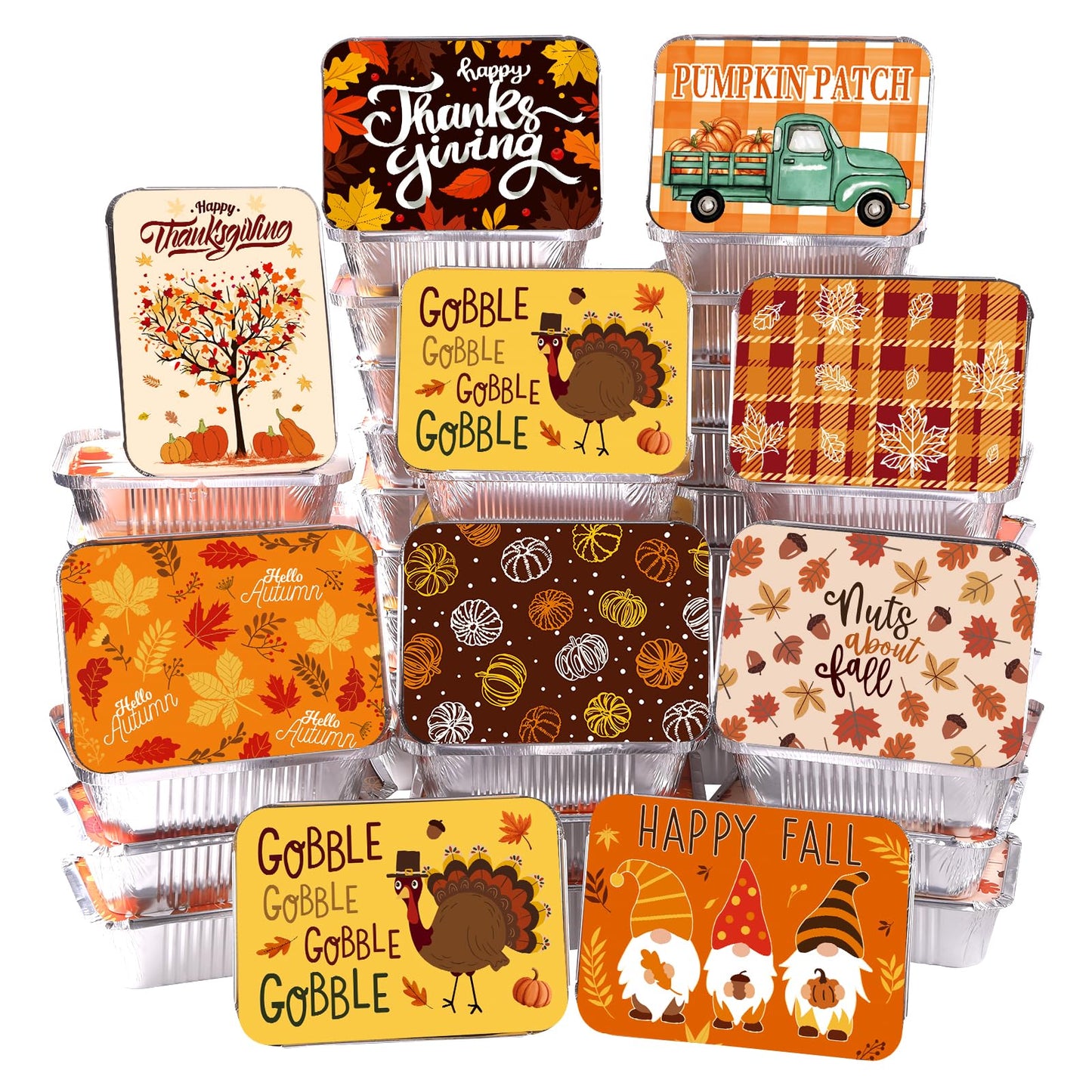 36PCS Thanksgiving Food Containers 9 Styles Fall Foil storage Containers with Lids Aluminum Disposable Leftover Cookie Tin Pans for Holiday Gift Giving Party Supplies