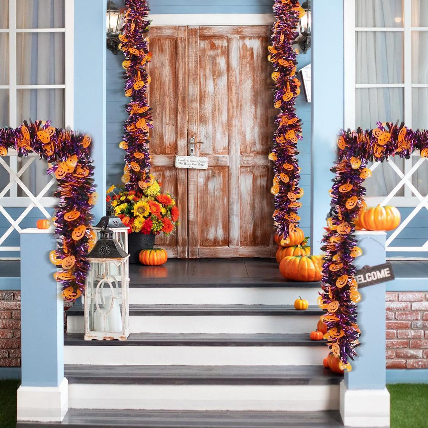 Halloween Garland Decor,33Ft Glitter Tinsel Pumpkin Garland Decorations for Tree Car Golf Cart Parade Float Bike Indoor Outdoor Holiday Home Burnt Orange Black Purple