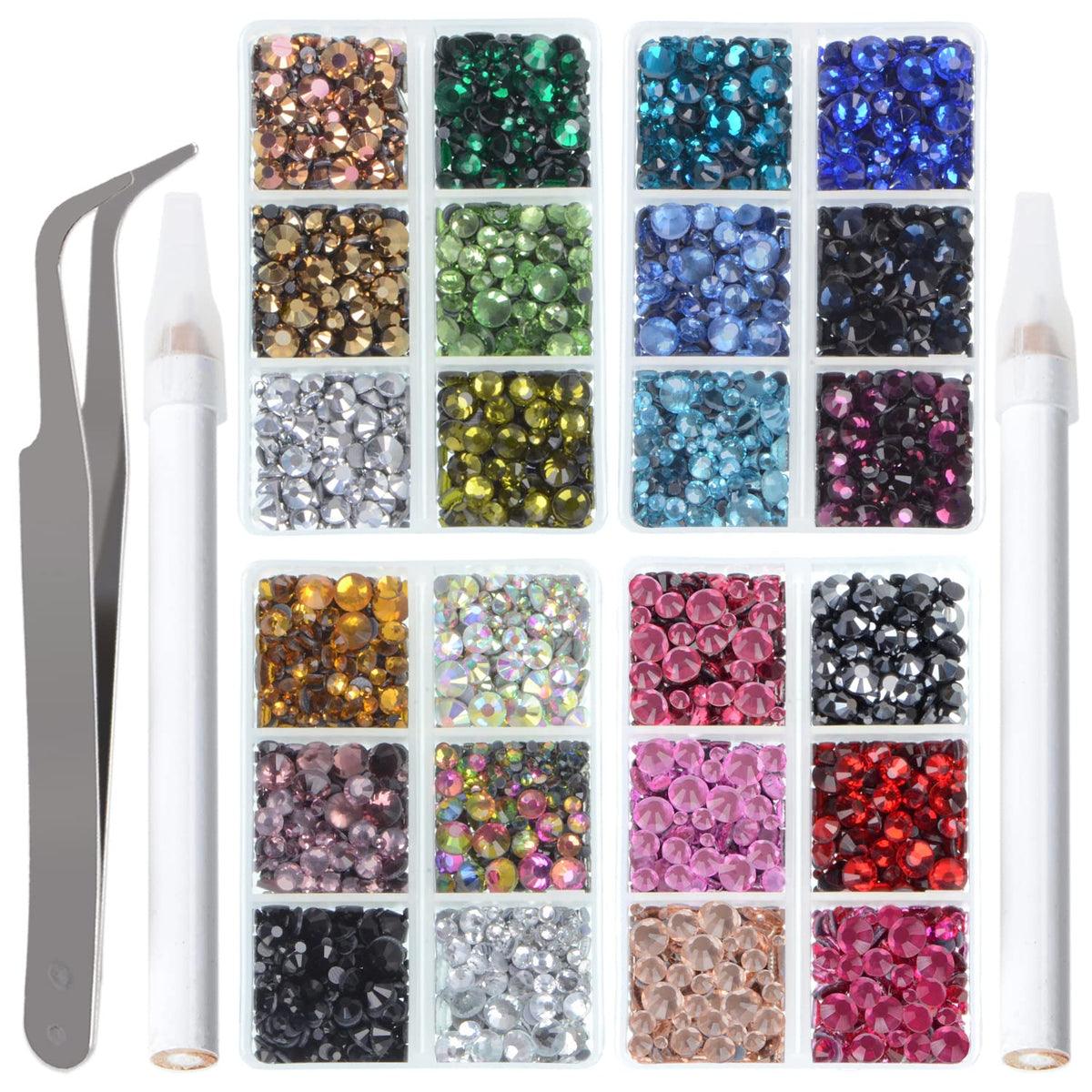 10000pcs Hotfix Rhinestones Flatback Glass Crystal 24 Mixed Color Rhinestone with Tweezers and Picking Pen for Crafts Clothes Nail Art