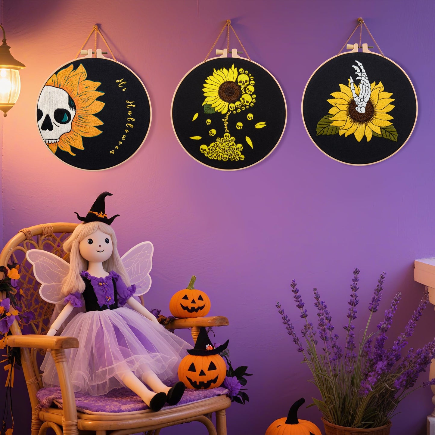 Halloween Gothic Embroidery Kits for Beginners Adults, Skull Hand Embroidery Needlepoint Kits, Sunflower Stamped Cross Stitch Kits for Beginners Adult, 3 Set Embroidery Hoops (Attached Video Tutorial)